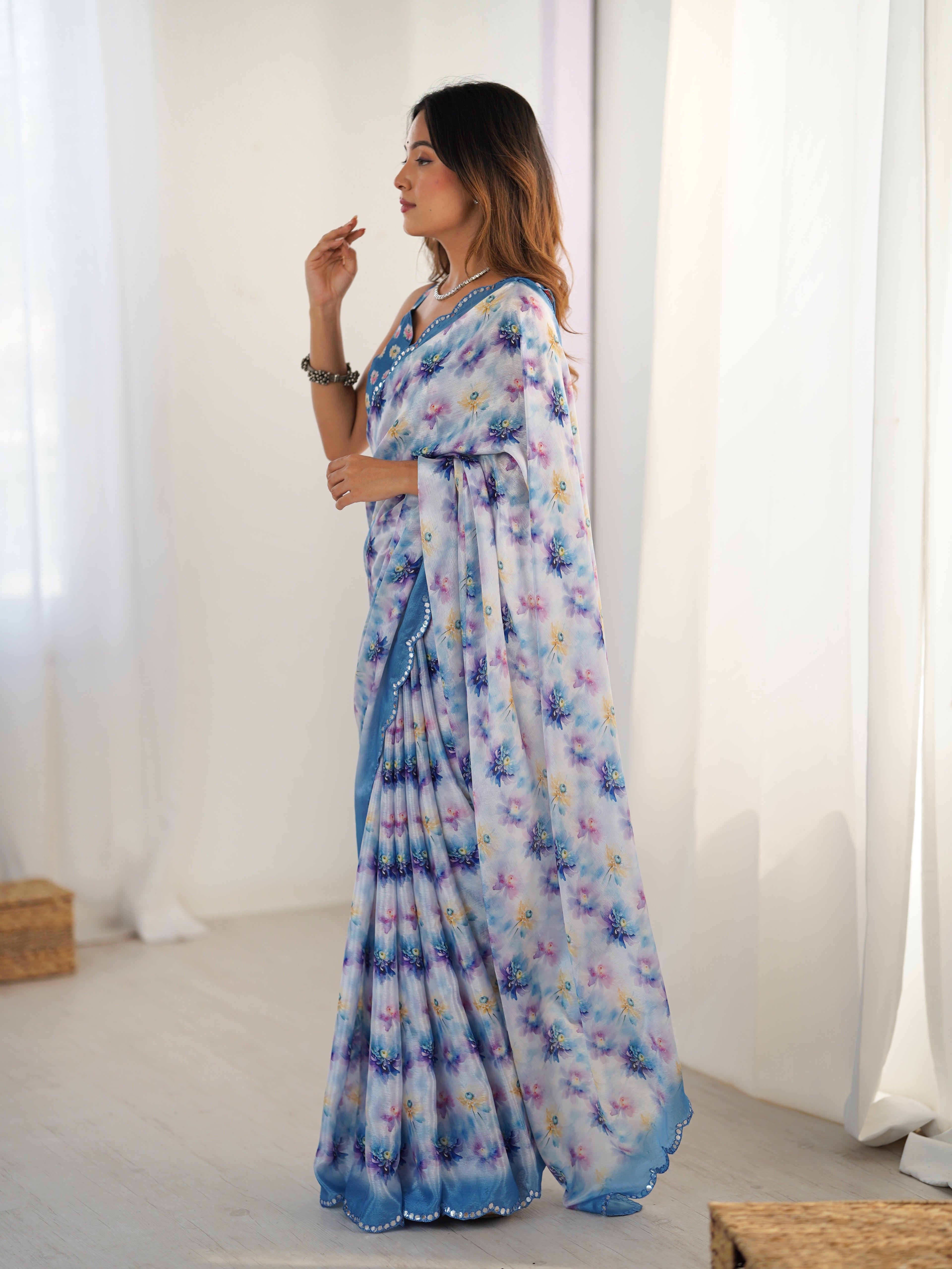 Sapphire Blue Chinon Silk Saree | Digital Printed with Mirror Cut Work