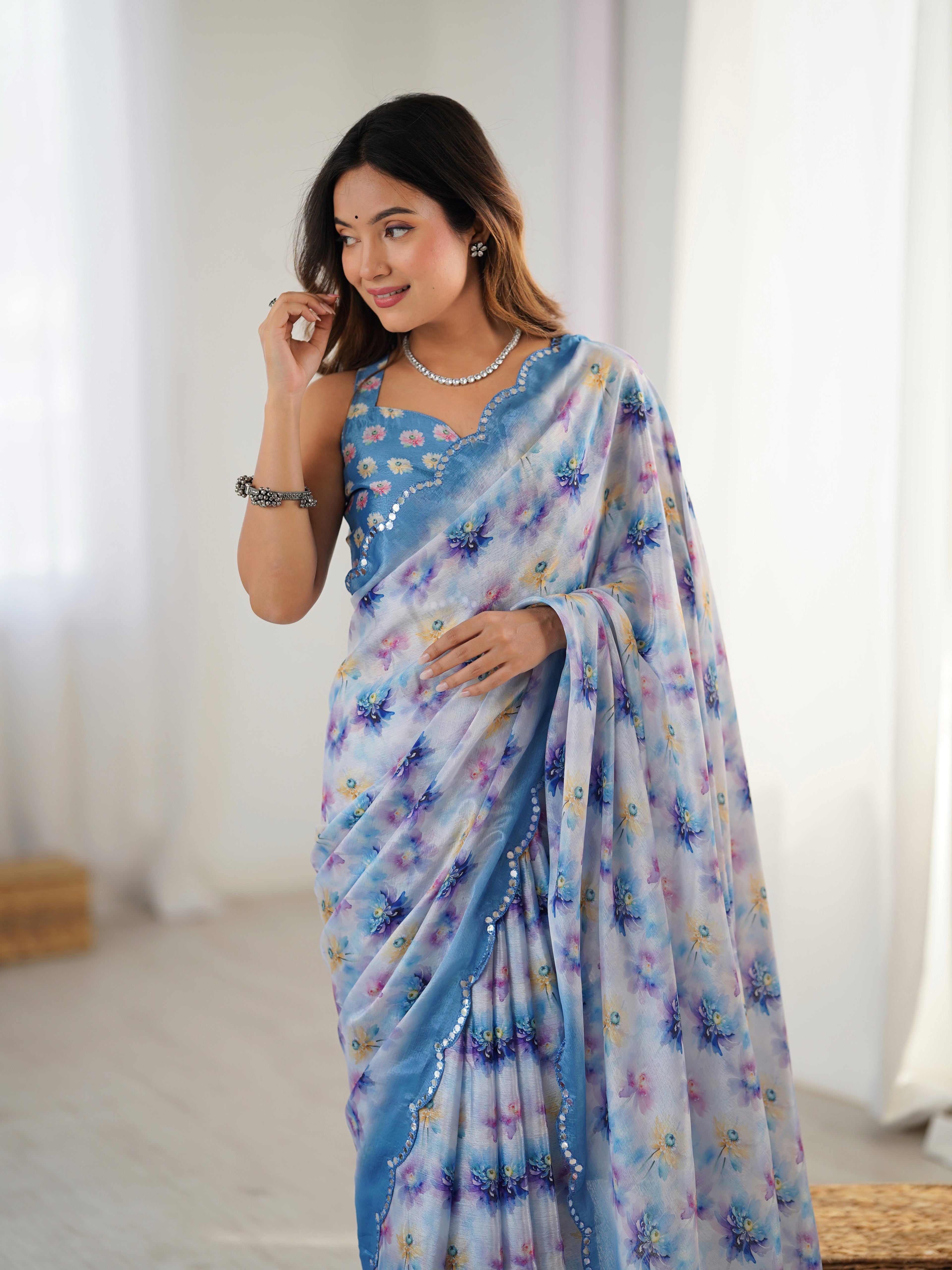 Sapphire Blue Chinon Silk Saree | Digital Printed with Mirror Cut Work