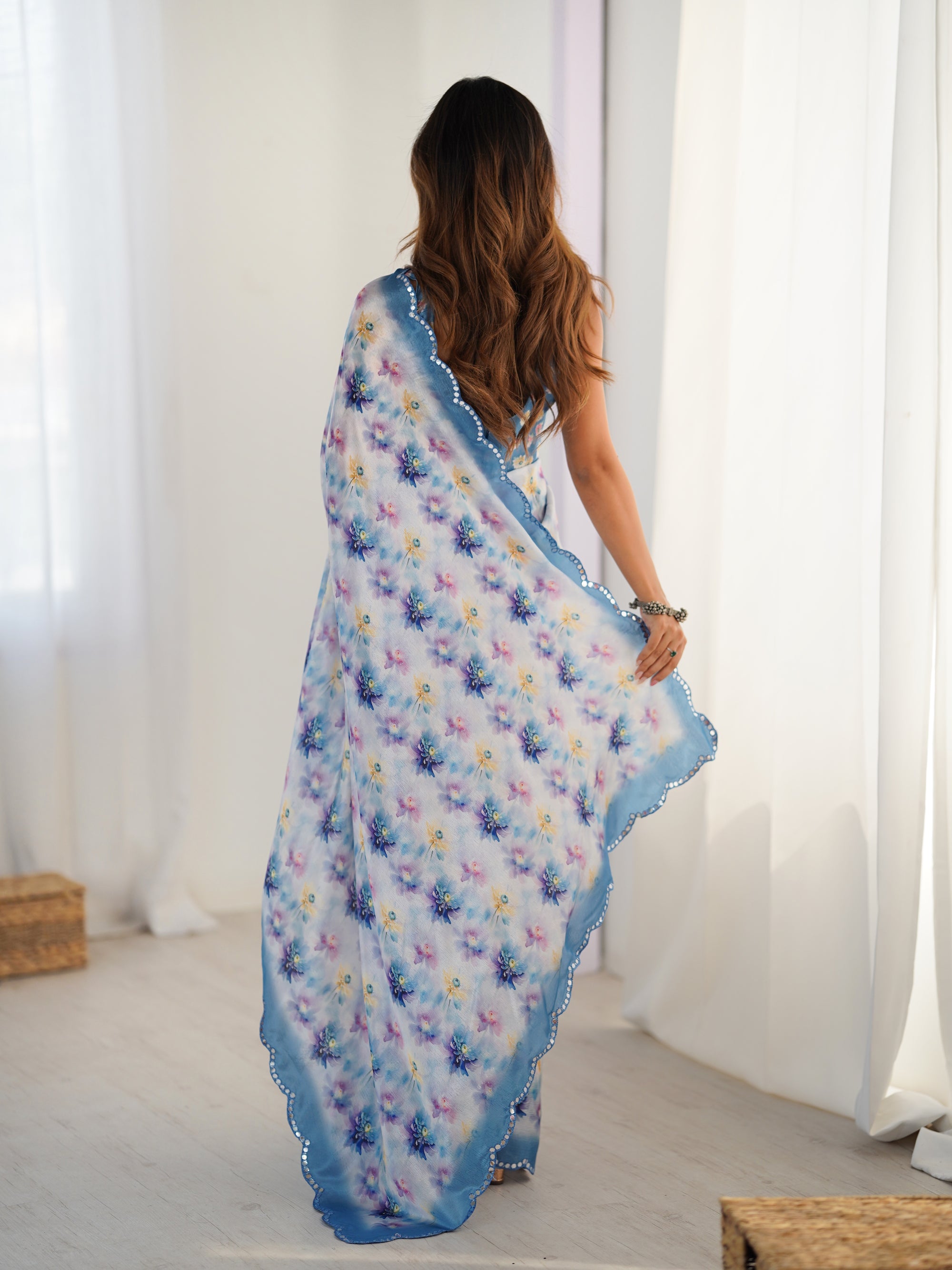 Sapphire Blue Chinon Silk Saree | Digital Printed with Mirror Cut Work