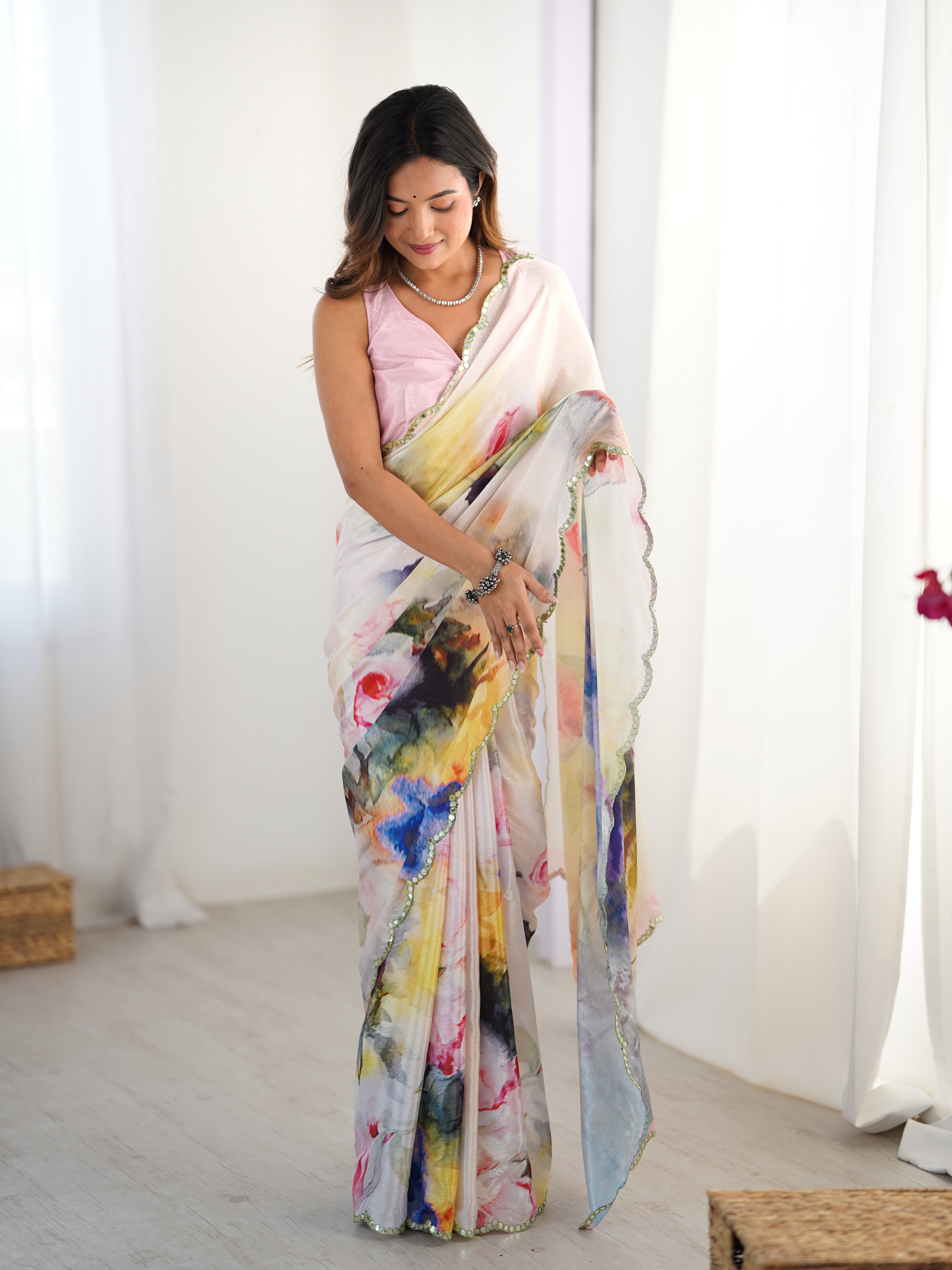 Multi-color Chinon Silk Saree with Pink Blouse | Digital Printed with Mirror Cut Work