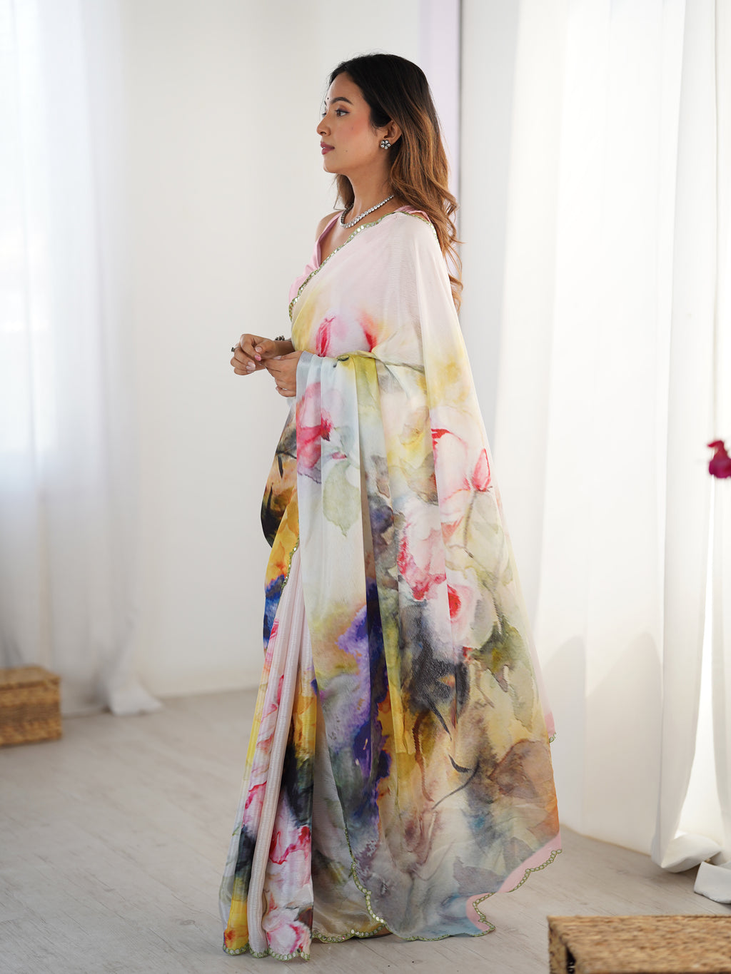 Multi-color Chinon Silk Saree with Pink Blouse | Digital Printed with Mirror Cut Work