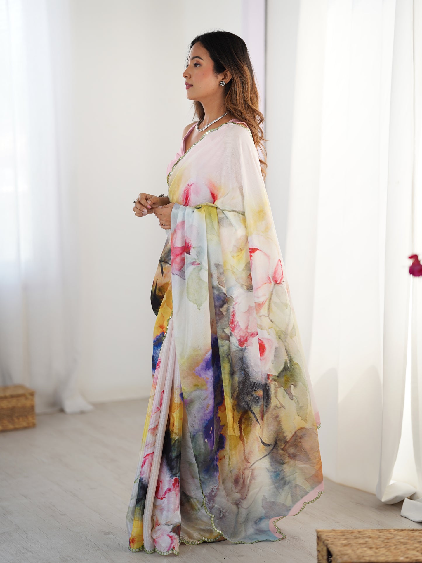 Multi-color Chinon Silk Saree with Pink Blouse | Digital Printed with Mirror Cut Work