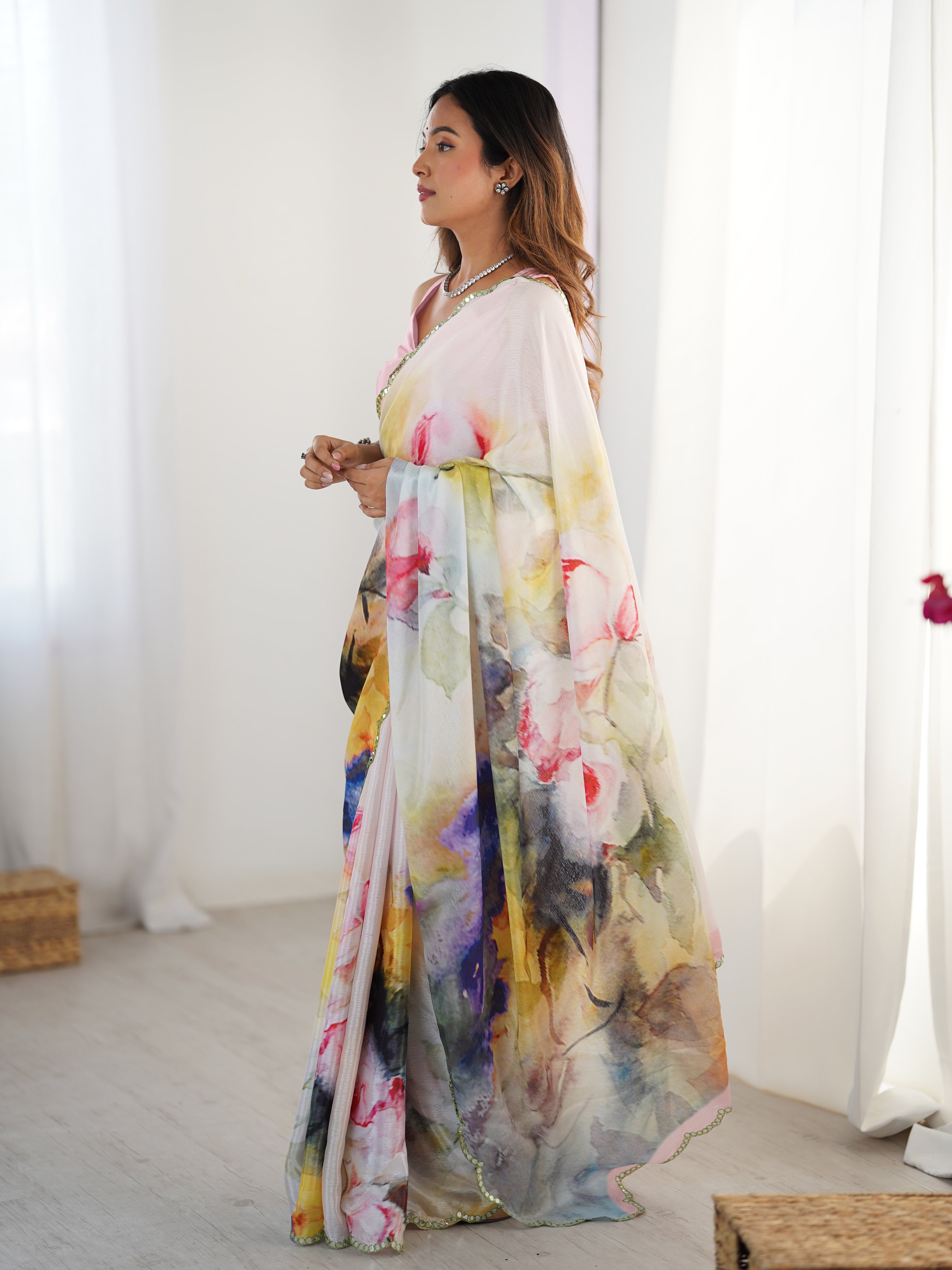 Multi-color Chinon Silk Saree with Pink Blouse | Digital Printed with Mirror Cut Work