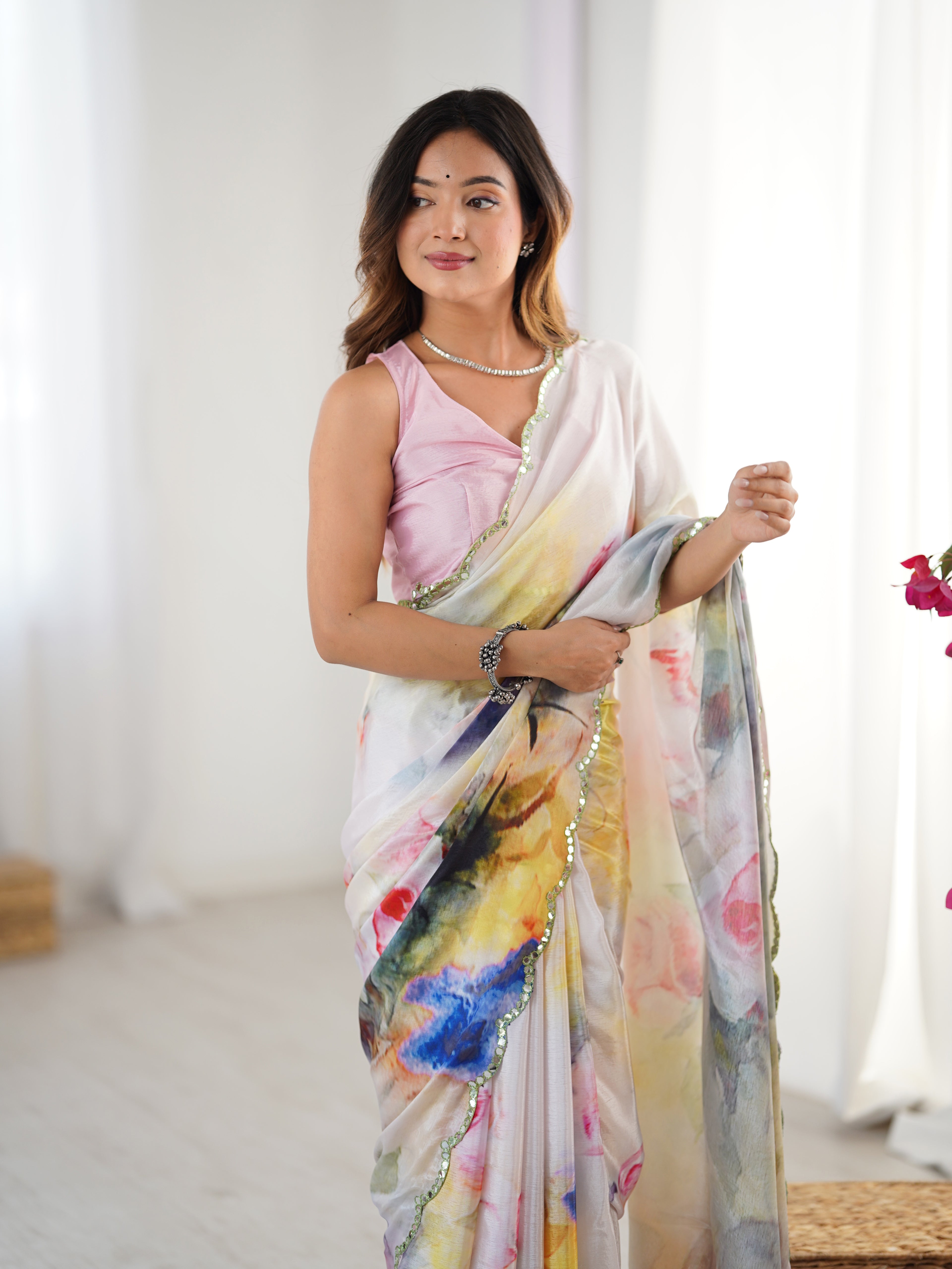Multi-color Chinon Silk Saree with Pink Blouse | Digital Printed with Mirror Cut Work