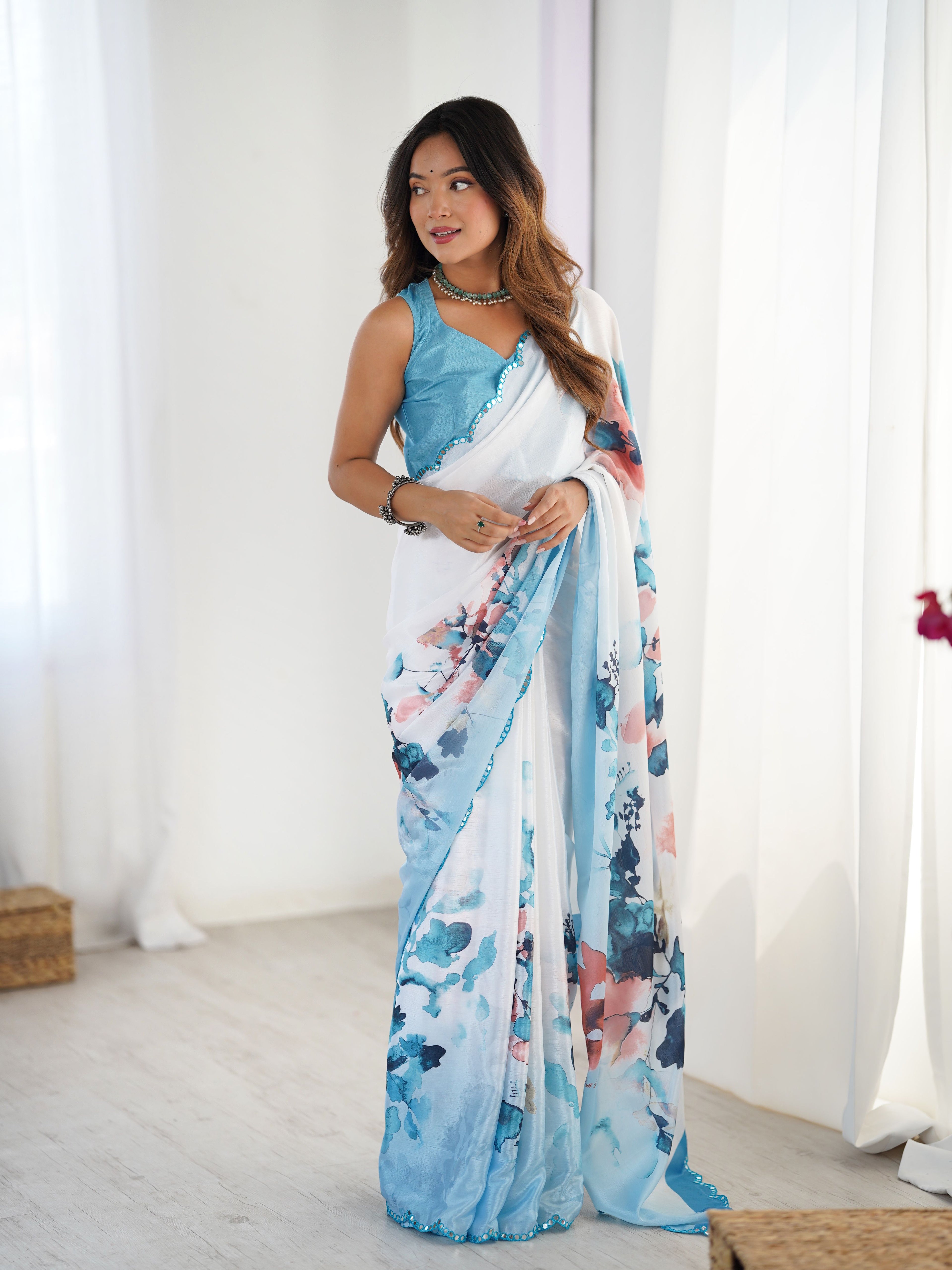 Royal Blue Chinon Digital Print Saree with Mirror Cut Work | Party Wear Couture