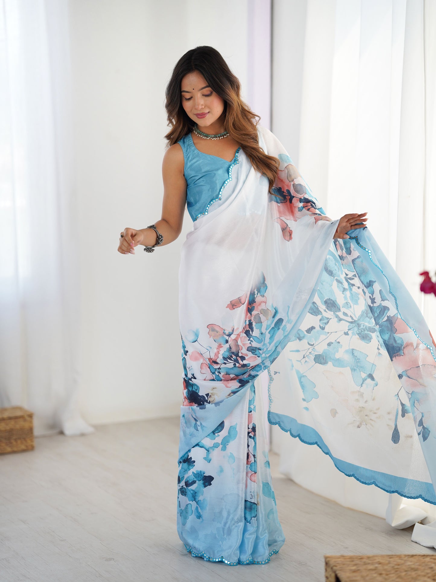 Royal Blue Chinon Digital Print Saree with Mirror Cut Work | Party Wear Couture