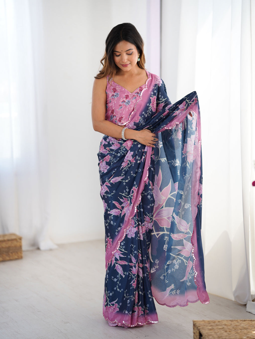Royal Blue Chinon Digital Print Saree with Pink Blouse | Mirror Cut Work Party Wear