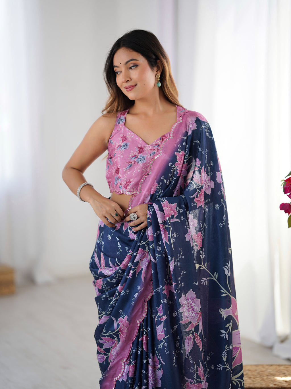 Royal Blue Chinon Digital Print Saree with Pink Blouse | Mirror Cut Work Party Wear