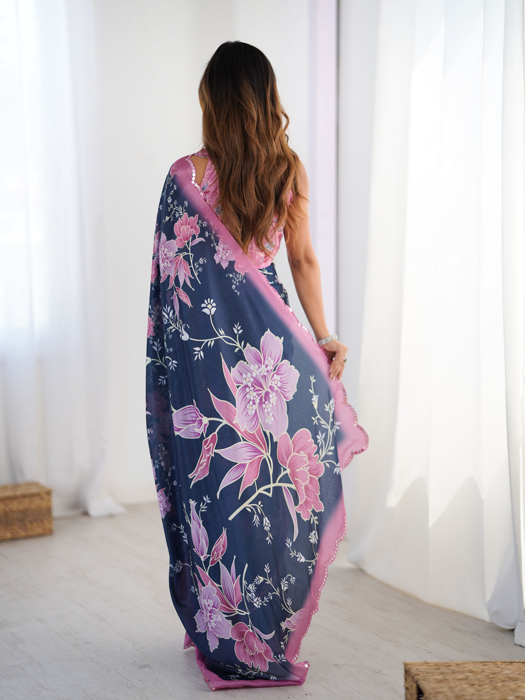 Royal Blue Chinon Digital Print Saree with Pink Blouse | Mirror Cut Work Party Wear