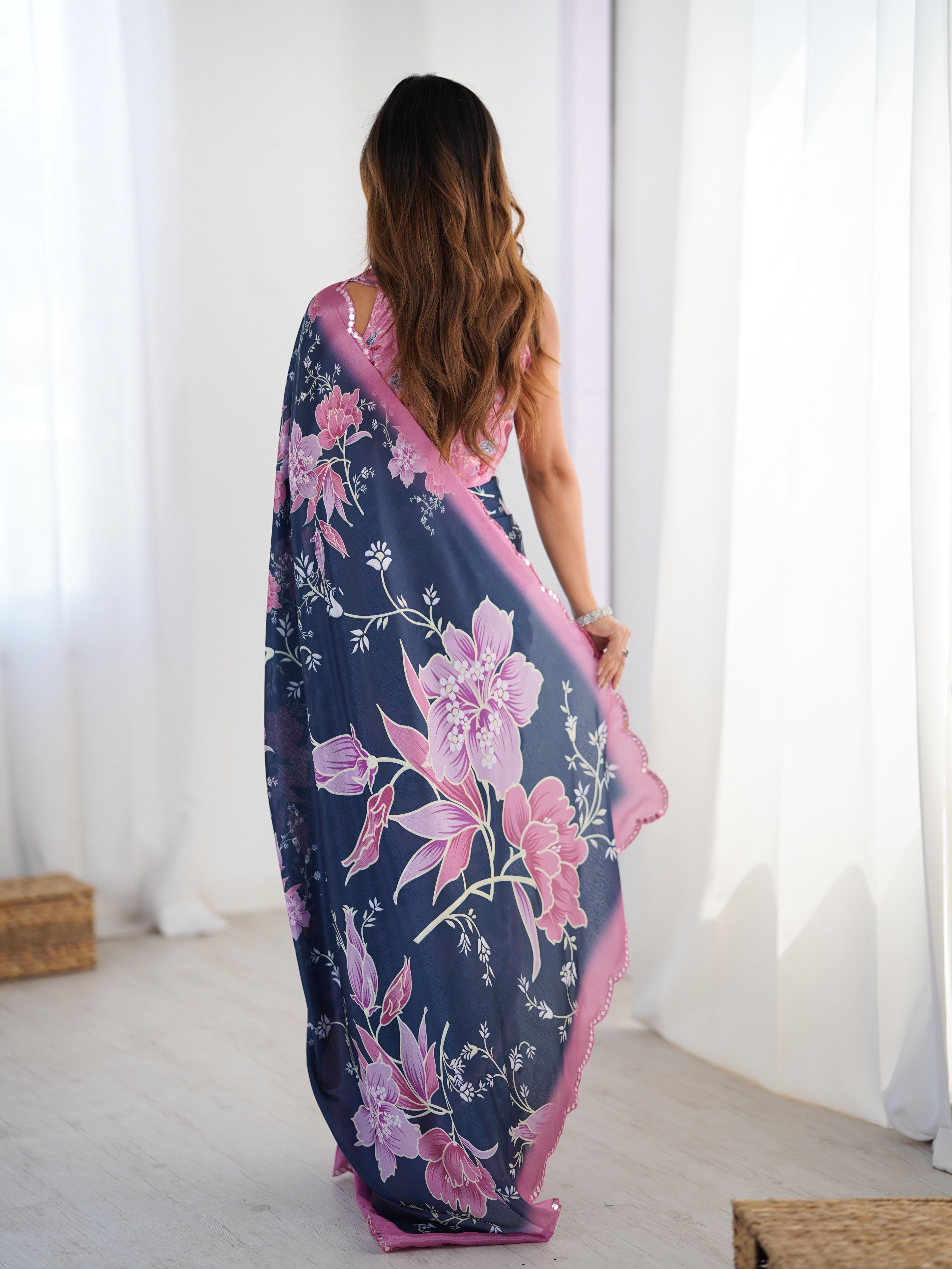 Royal Blue Chinon Digital Print Saree with Pink Blouse | Mirror Cut Work Party Wear