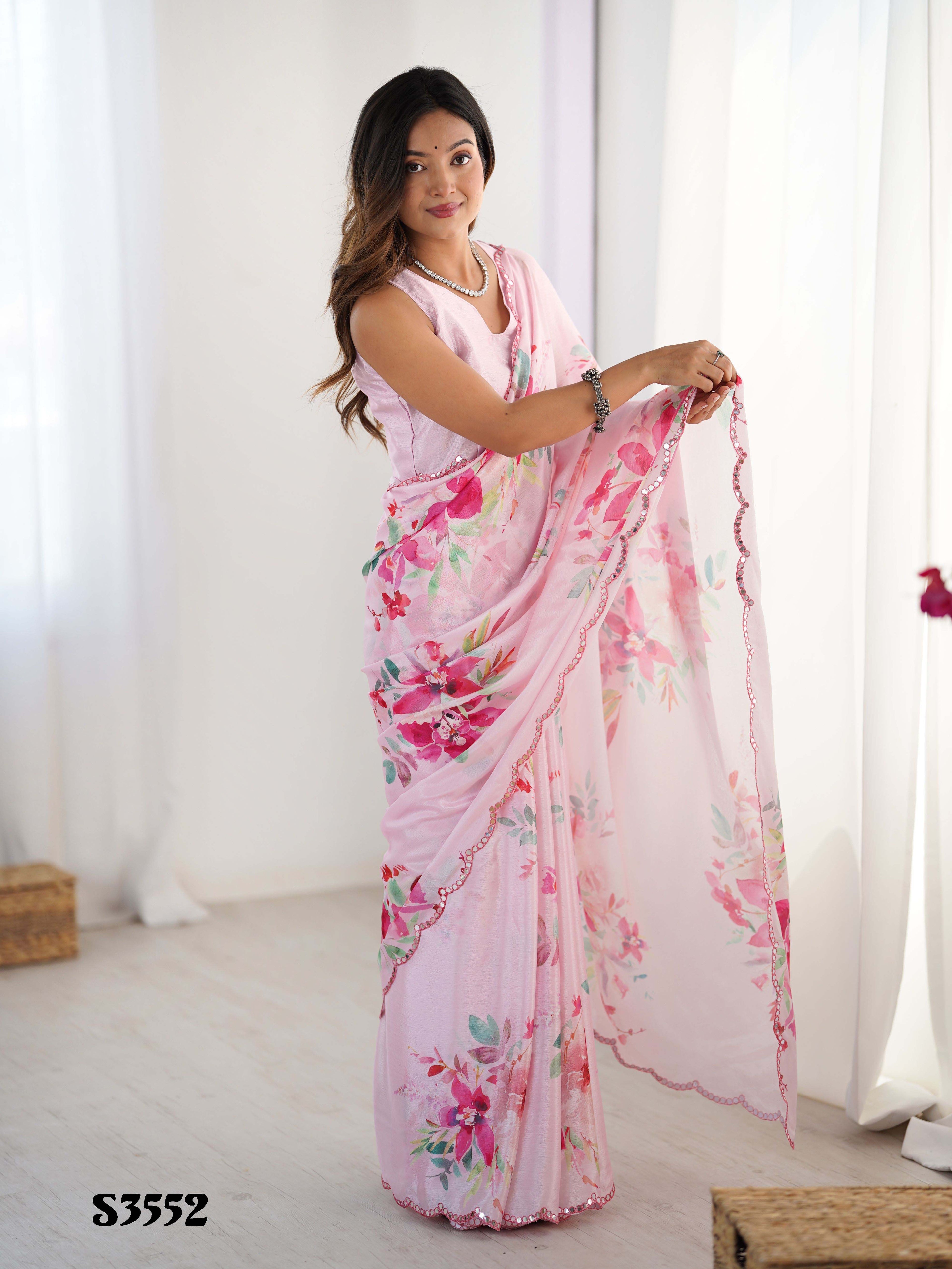 Soft Pink Chinon Digital Print Saree with Mirror Cut Work | Party Wear Couture