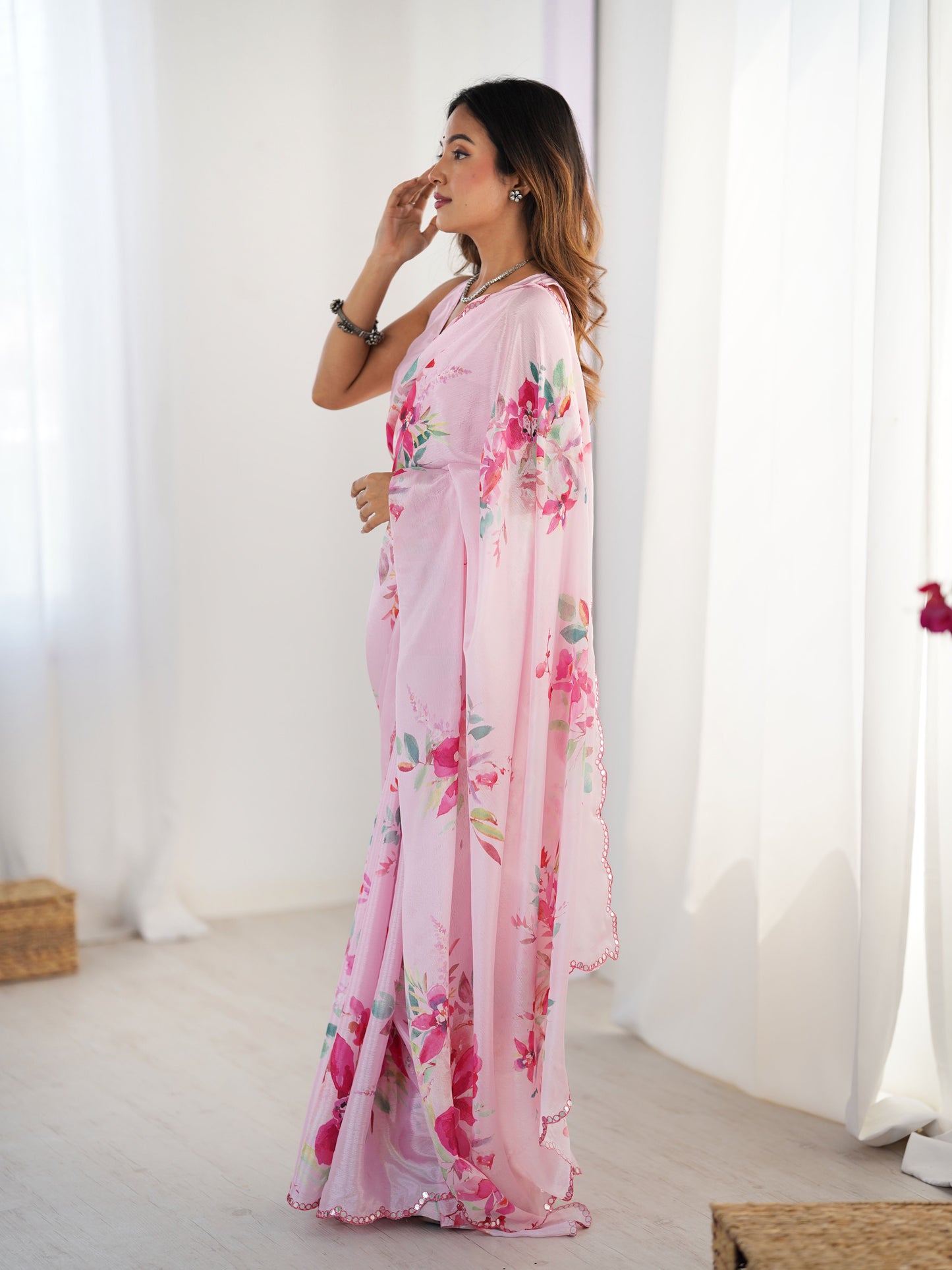 Soft Pink Chinon Digital Print Saree with Mirror Cut Work | Party Wear Couture
