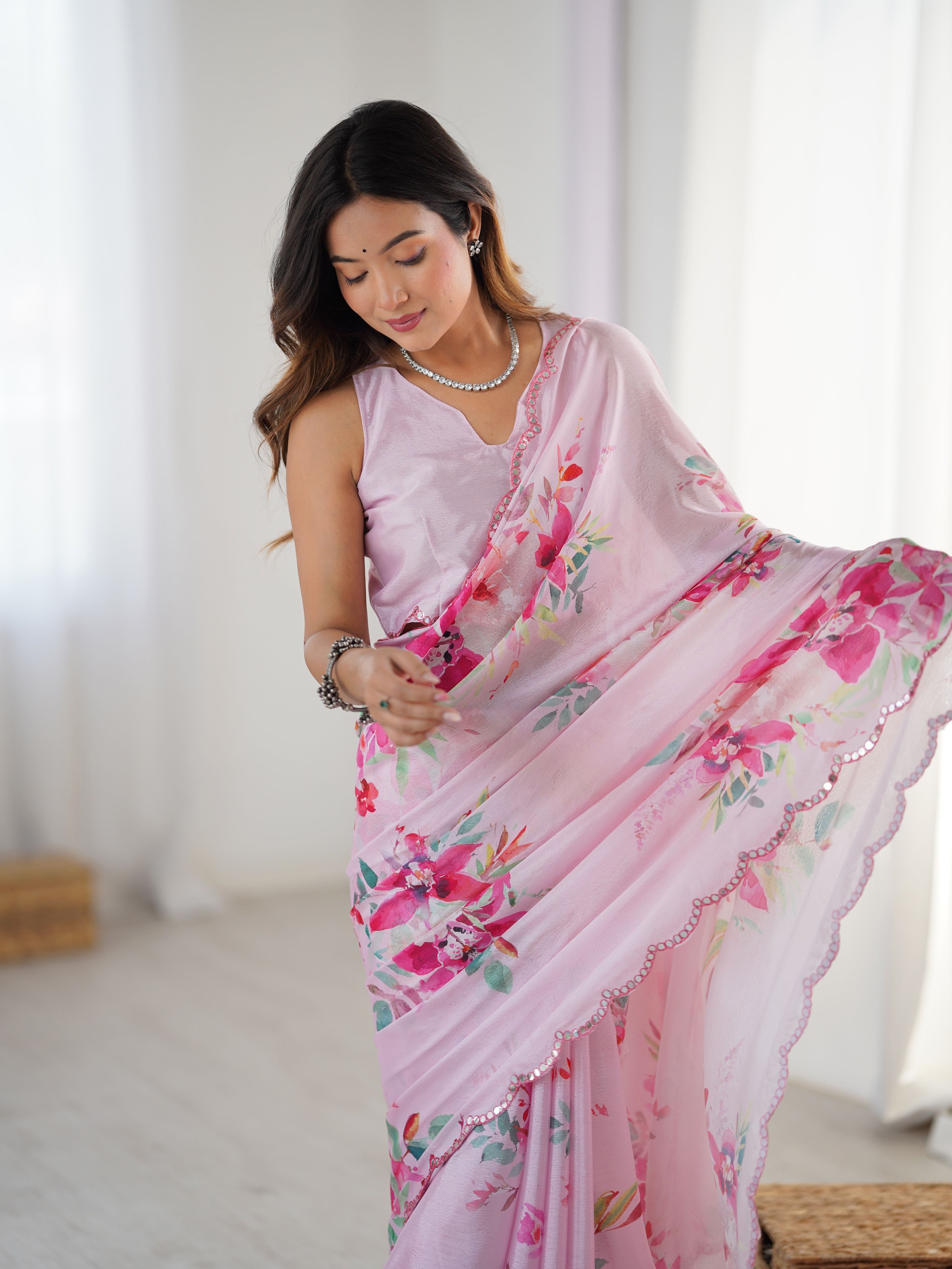 Soft Pink Chinon Digital Print Saree with Mirror Cut Work | Party Wear Couture