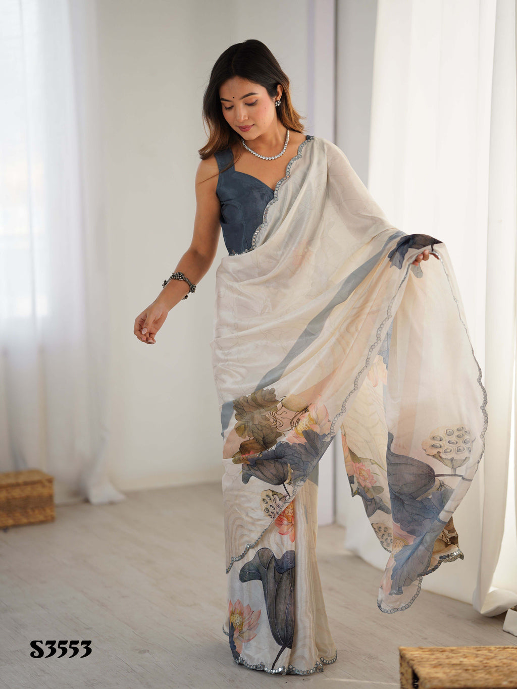 Elegant Cream Chinon Digital Print Saree with Grey Blouse | Mirror Cut Work Party Wear