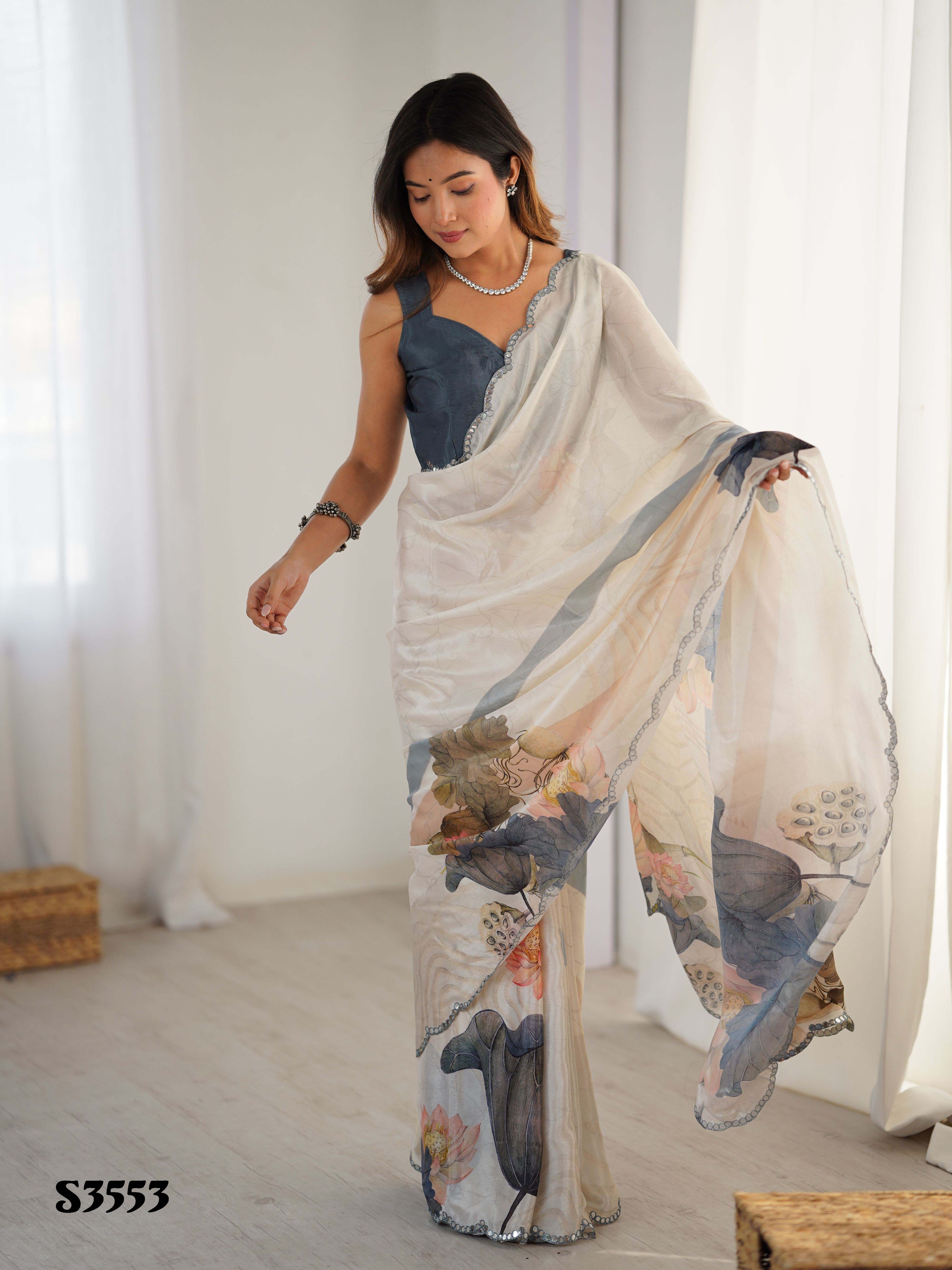 Elegant Cream Chinon Digital Print Saree with Grey Blouse | Mirror Cut Work Party Wear