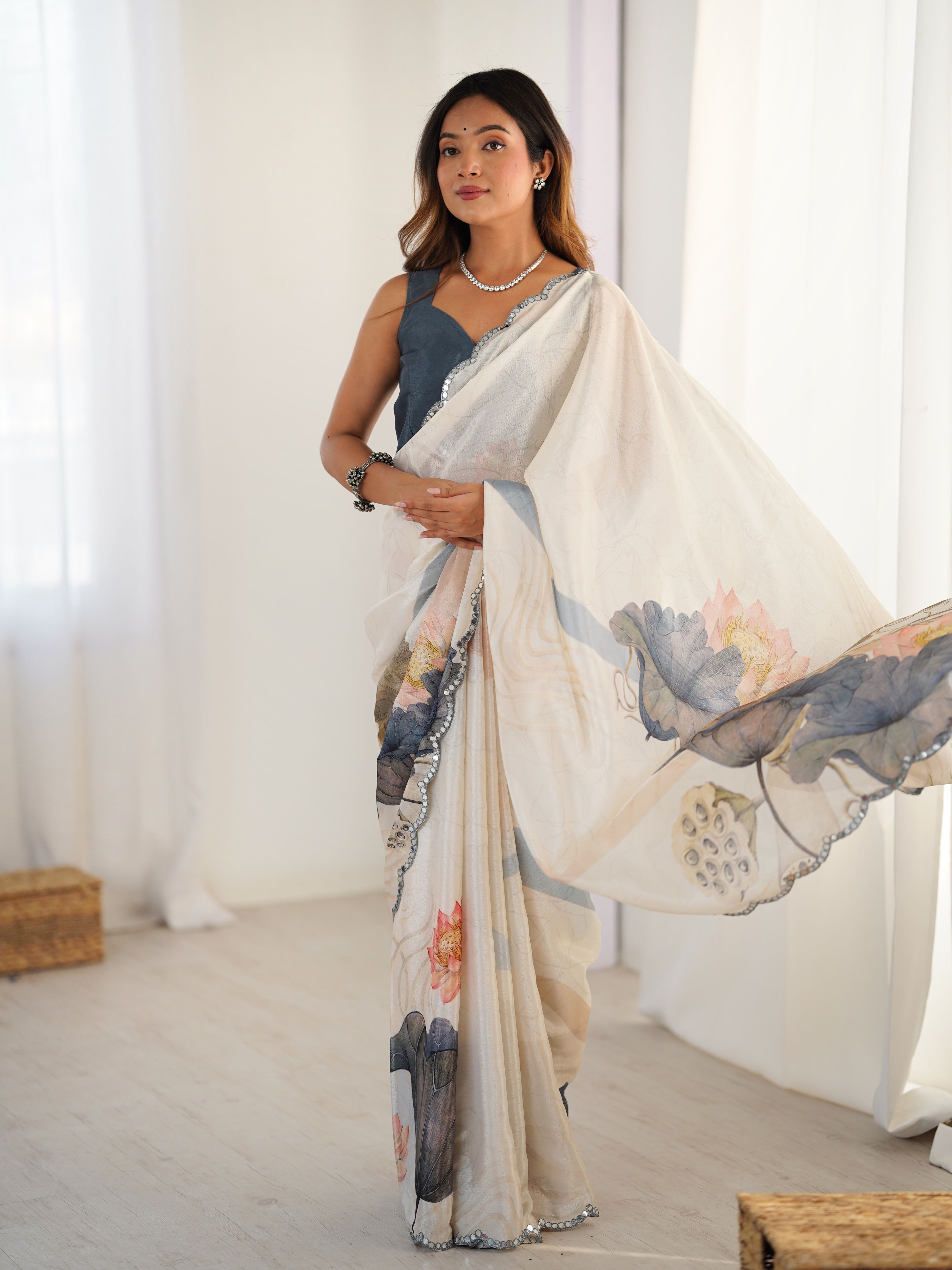 Elegant Cream Chinon Digital Print Saree with Grey Blouse | Mirror Cut Work Party Wear