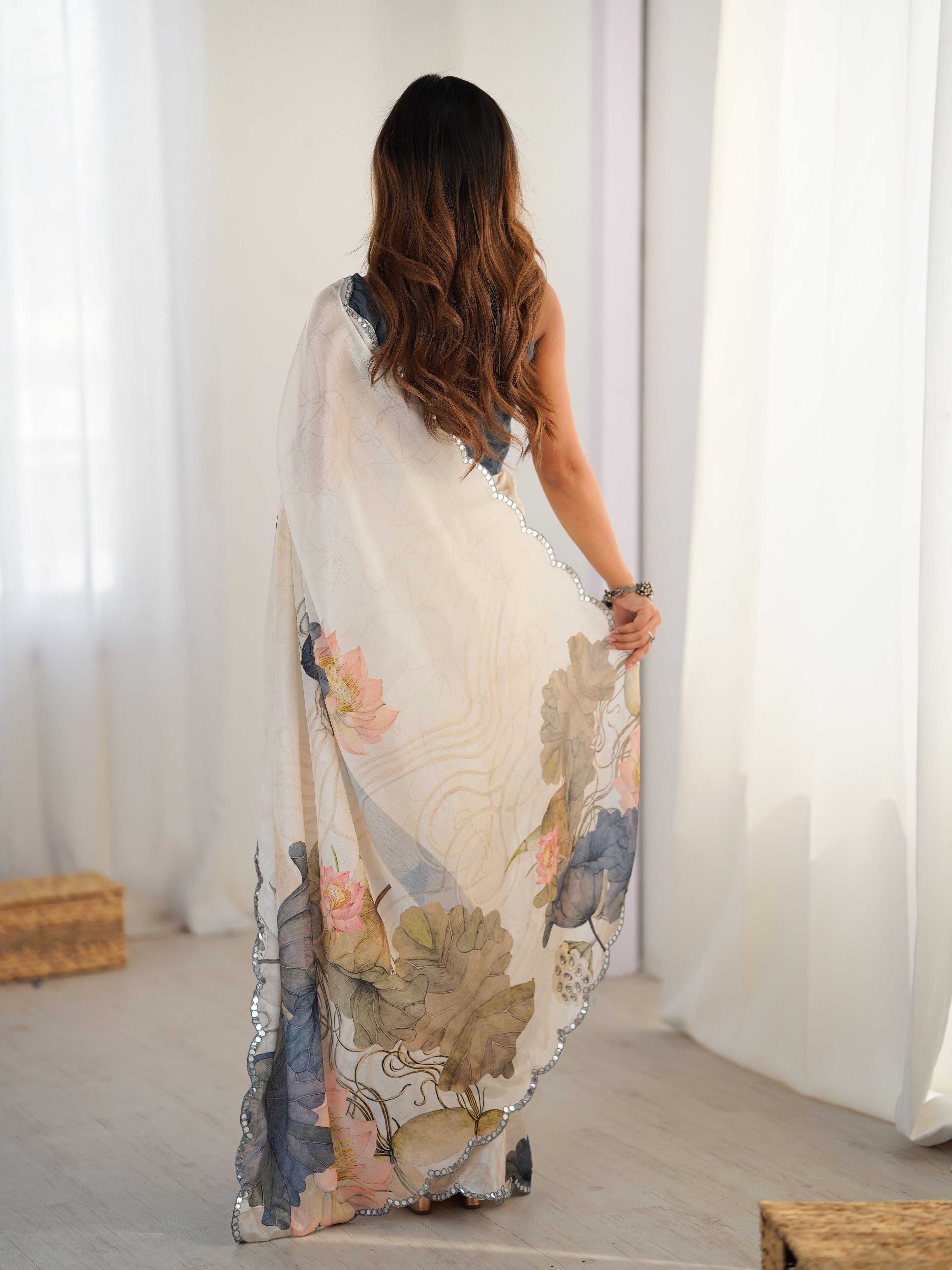 Elegant Cream Chinon Digital Print Saree with Grey Blouse | Mirror Cut Work Party Wear