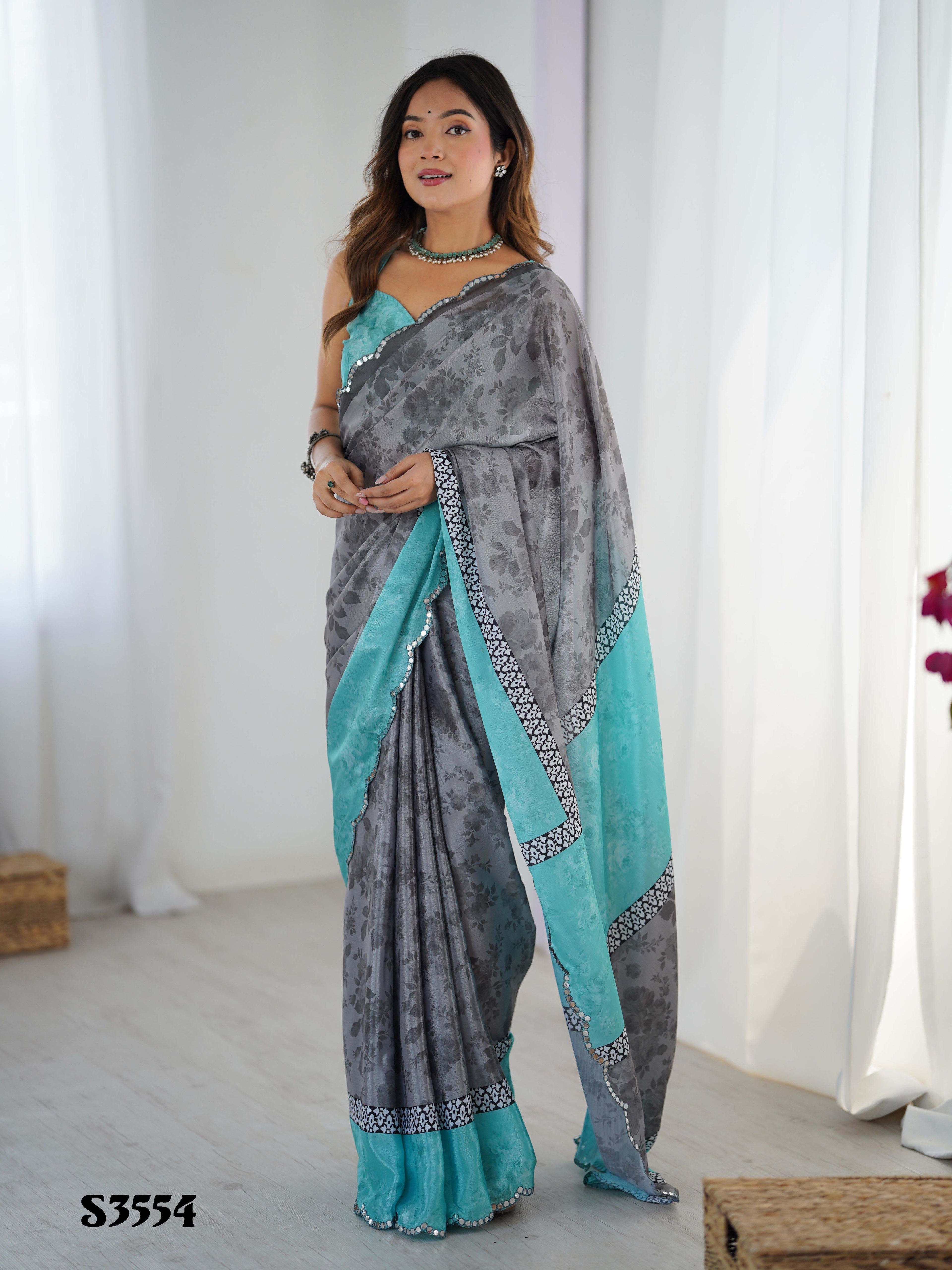 Modern Grey Chinon Digital Print Saree with Sea Green Blouse | Mirror Cut Work Party Wear