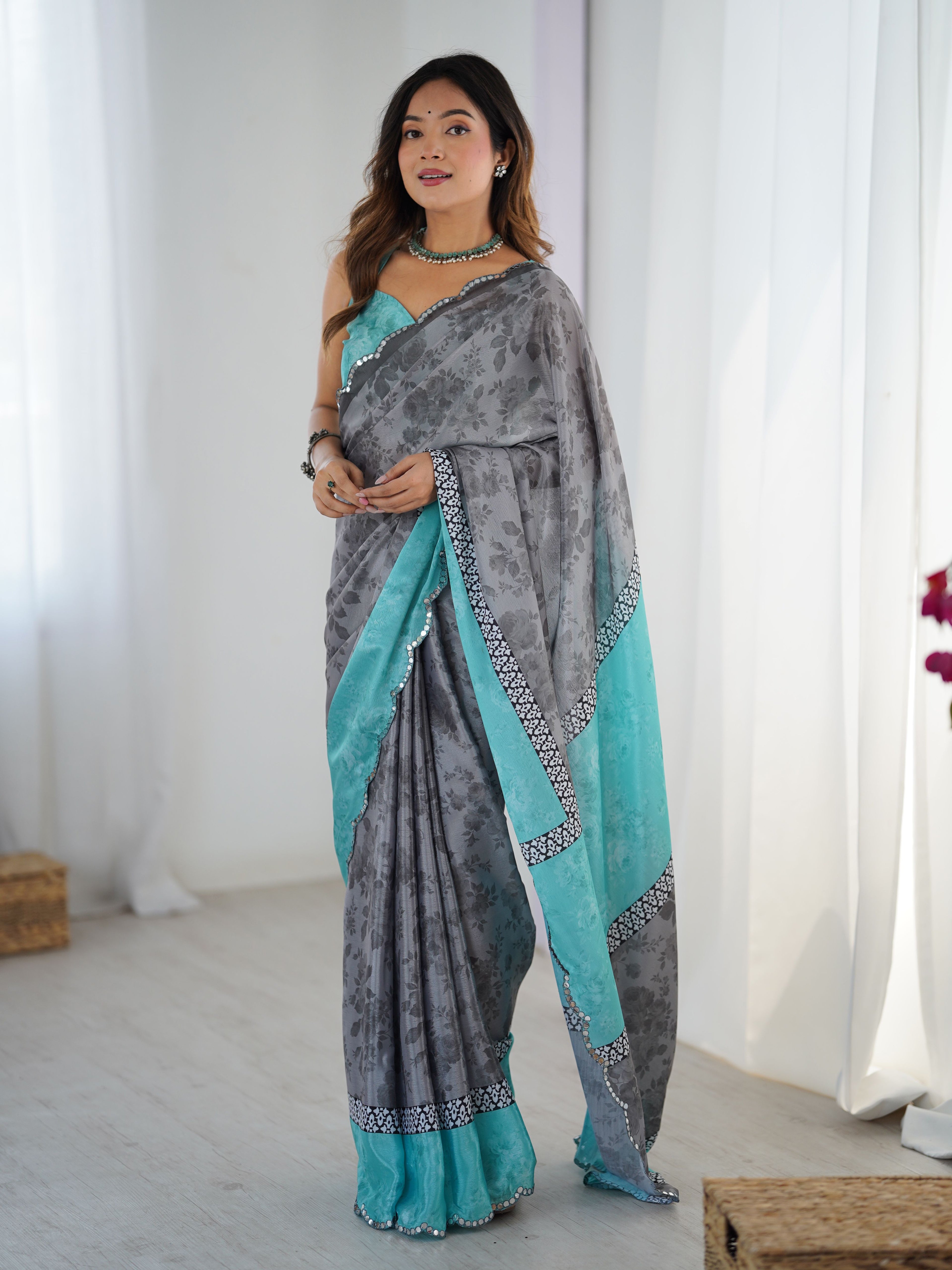 Modern Grey Chinon Digital Print Saree with Sea Green Blouse | Mirror Cut Work Party Wear