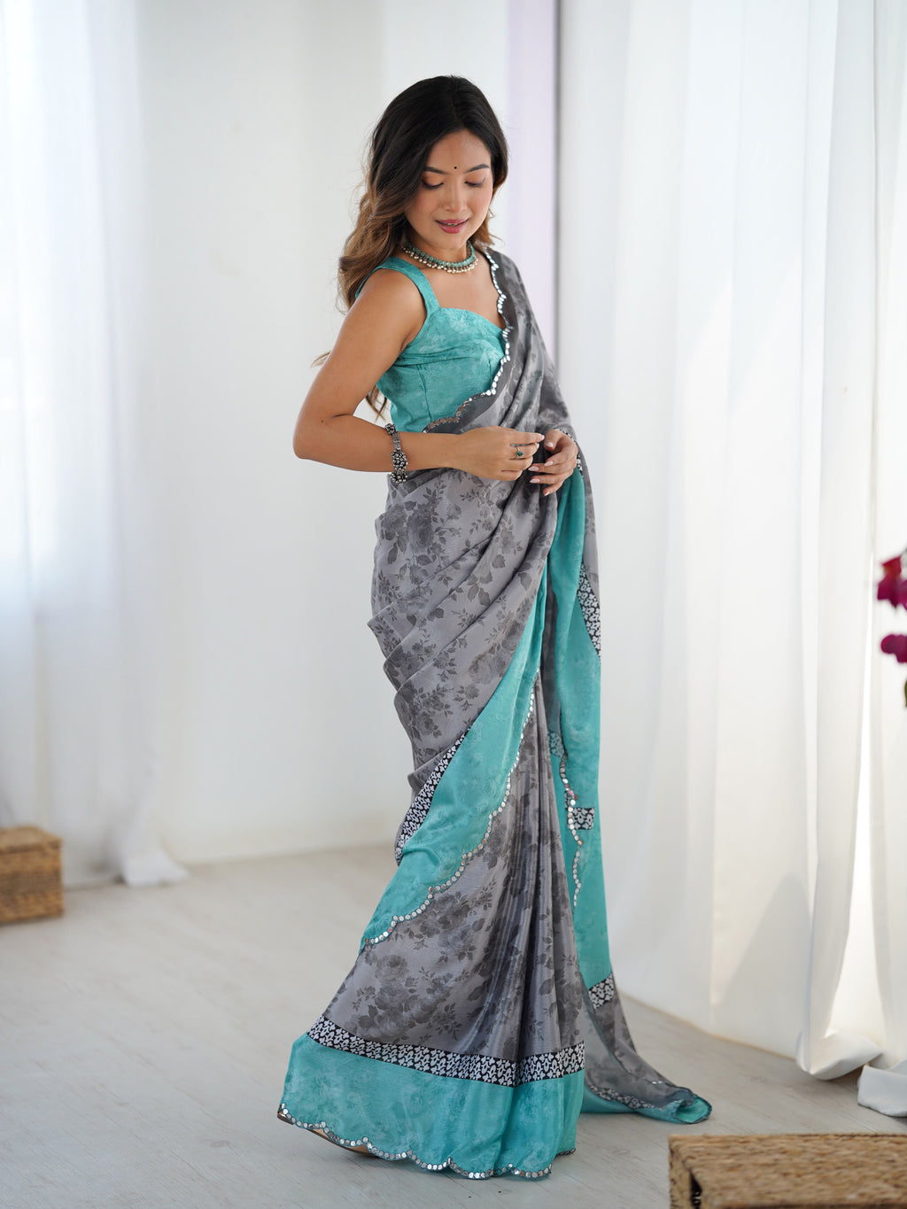 Modern Grey Chinon Digital Print Saree with Sea Green Blouse | Mirror Cut Work Party Wear