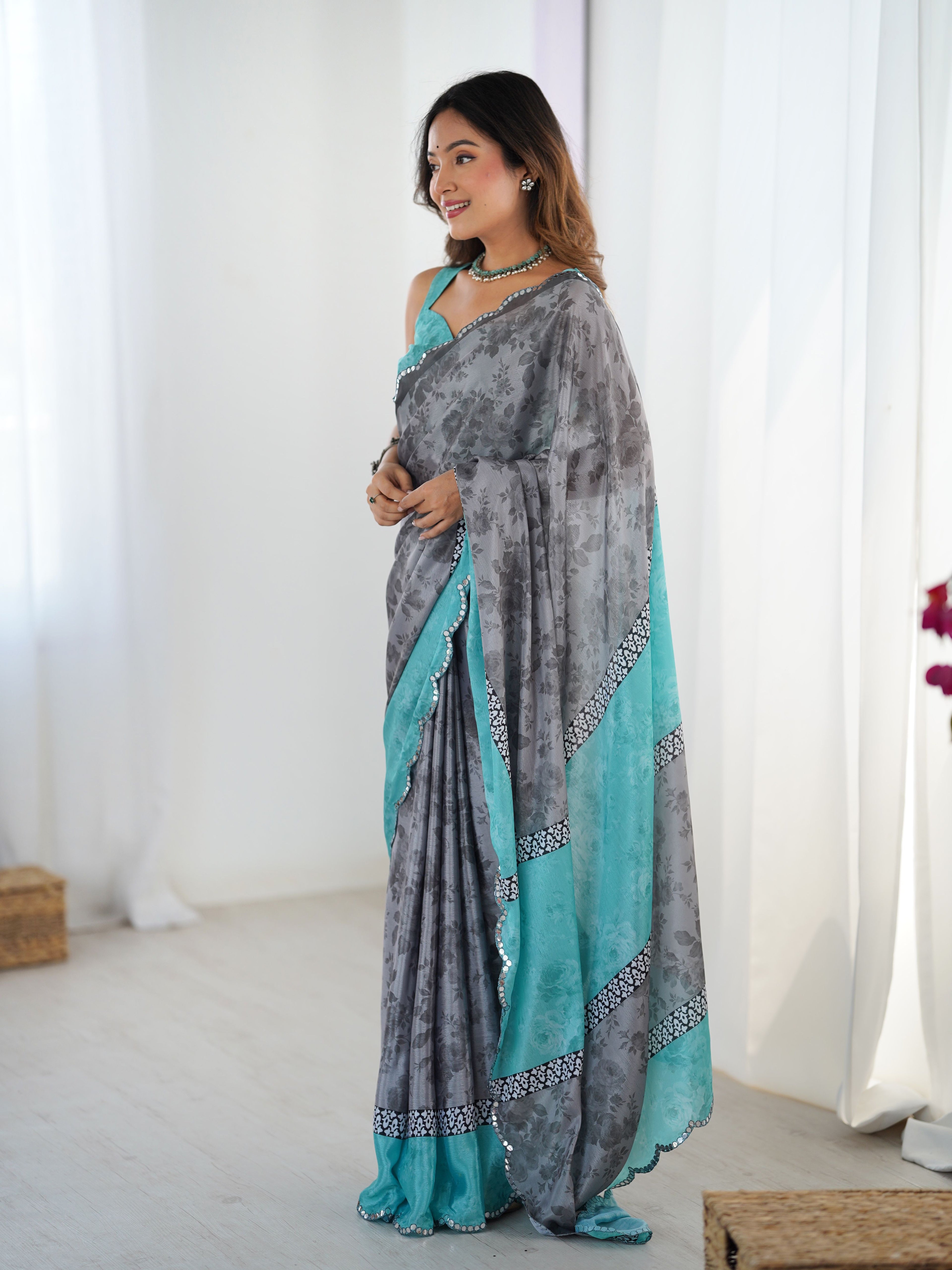 Modern Grey Chinon Digital Print Saree with Sea Green Blouse | Mirror Cut Work Party Wear