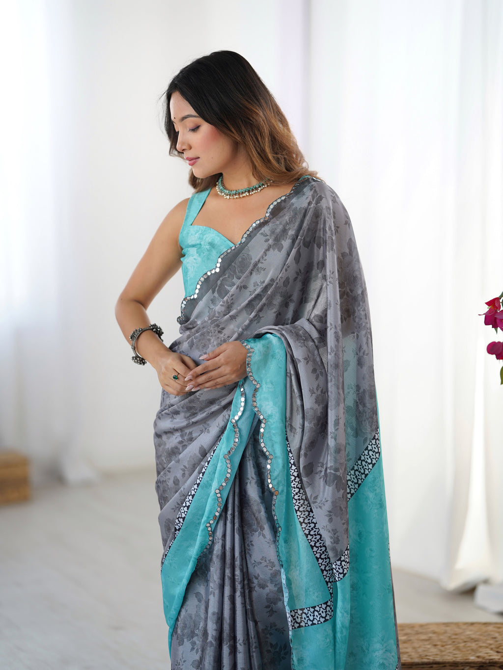 Modern Grey Chinon Digital Print Saree with Sea Green Blouse | Mirror Cut Work Party Wear