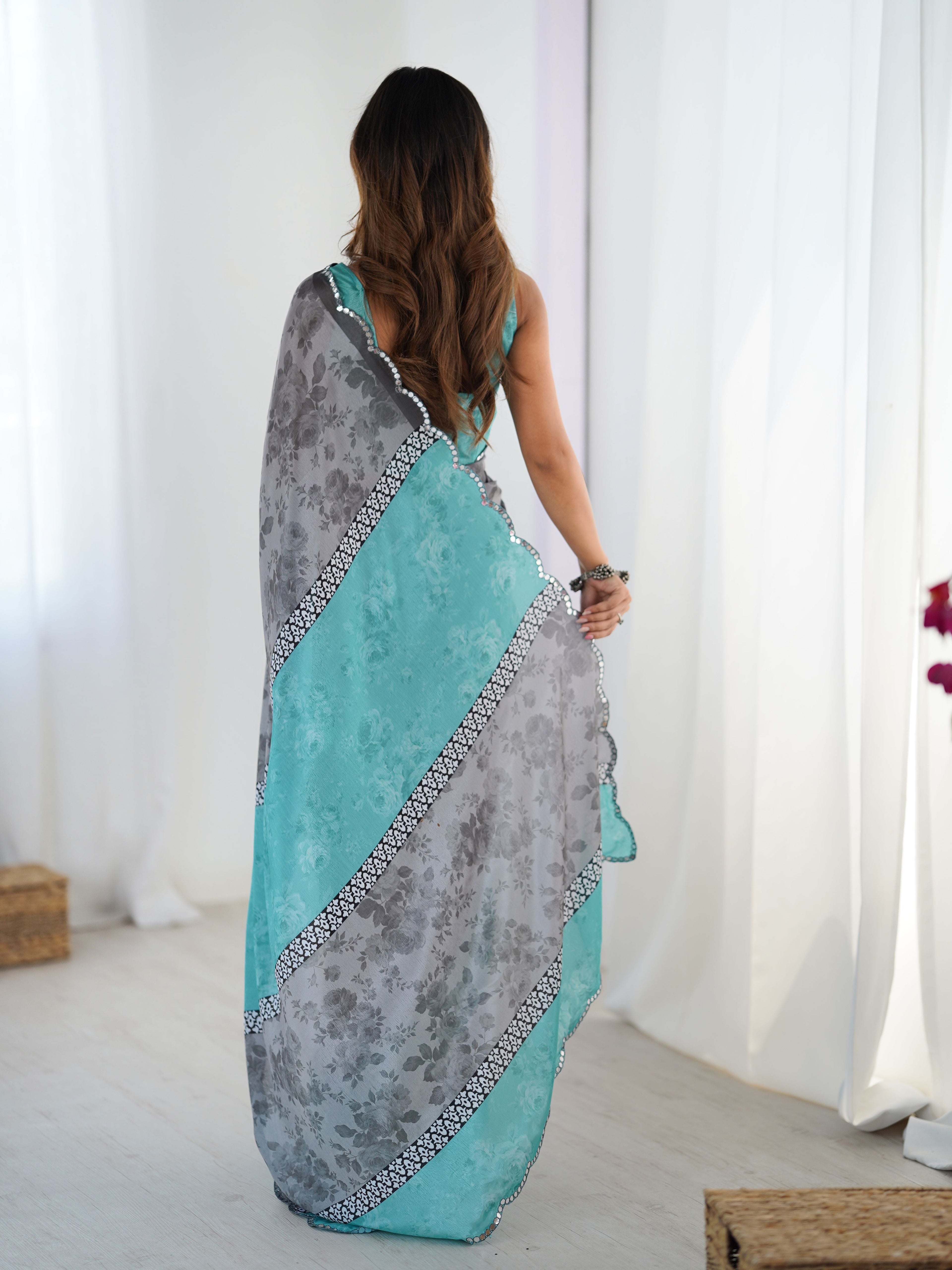 Modern Grey Chinon Digital Print Saree with Sea Green Blouse | Mirror Cut Work Party Wear