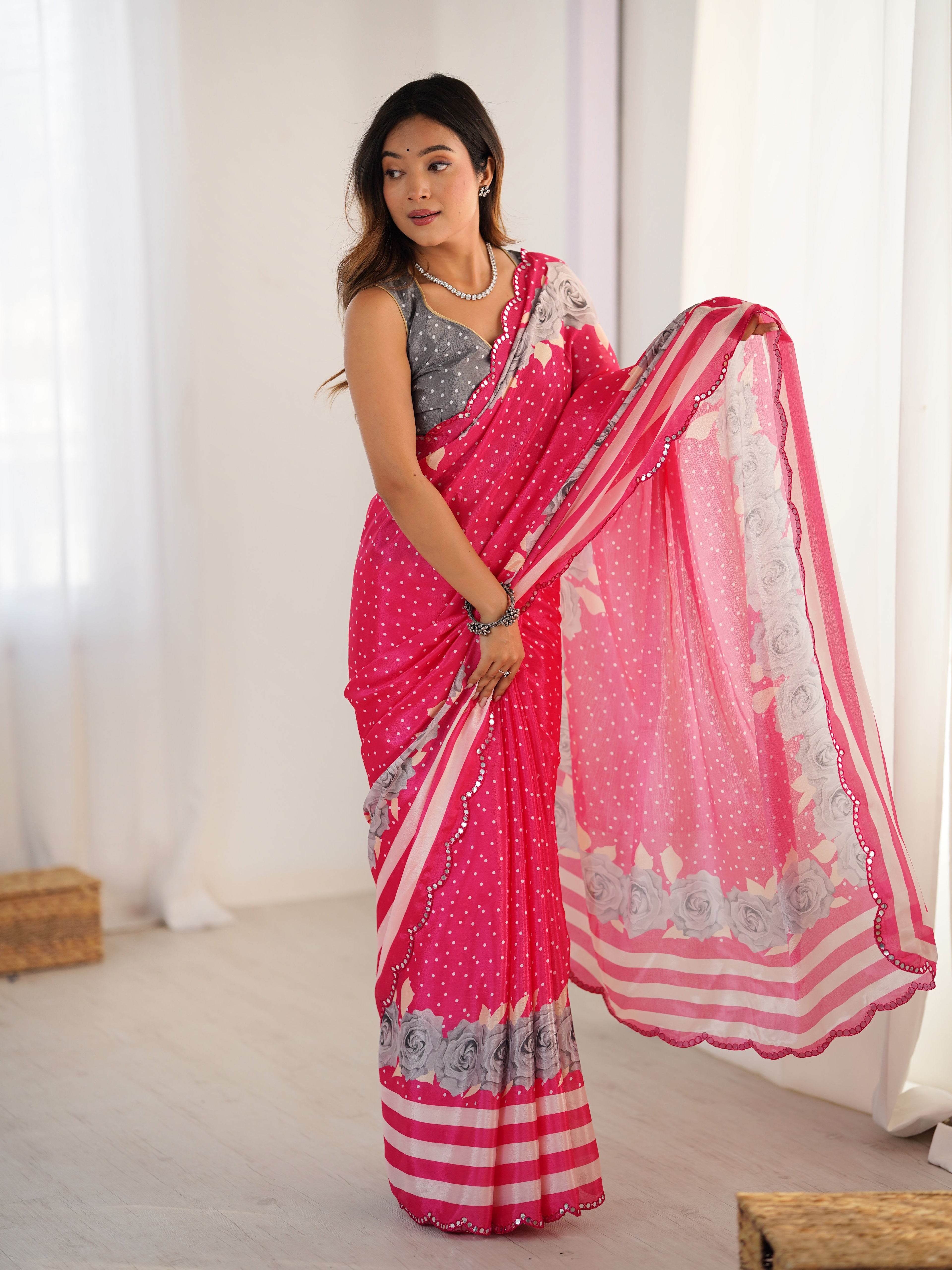 Soft Pink Chinon Digital Print Saree with Grey Blouse | Mirror Cut Work Party Wear