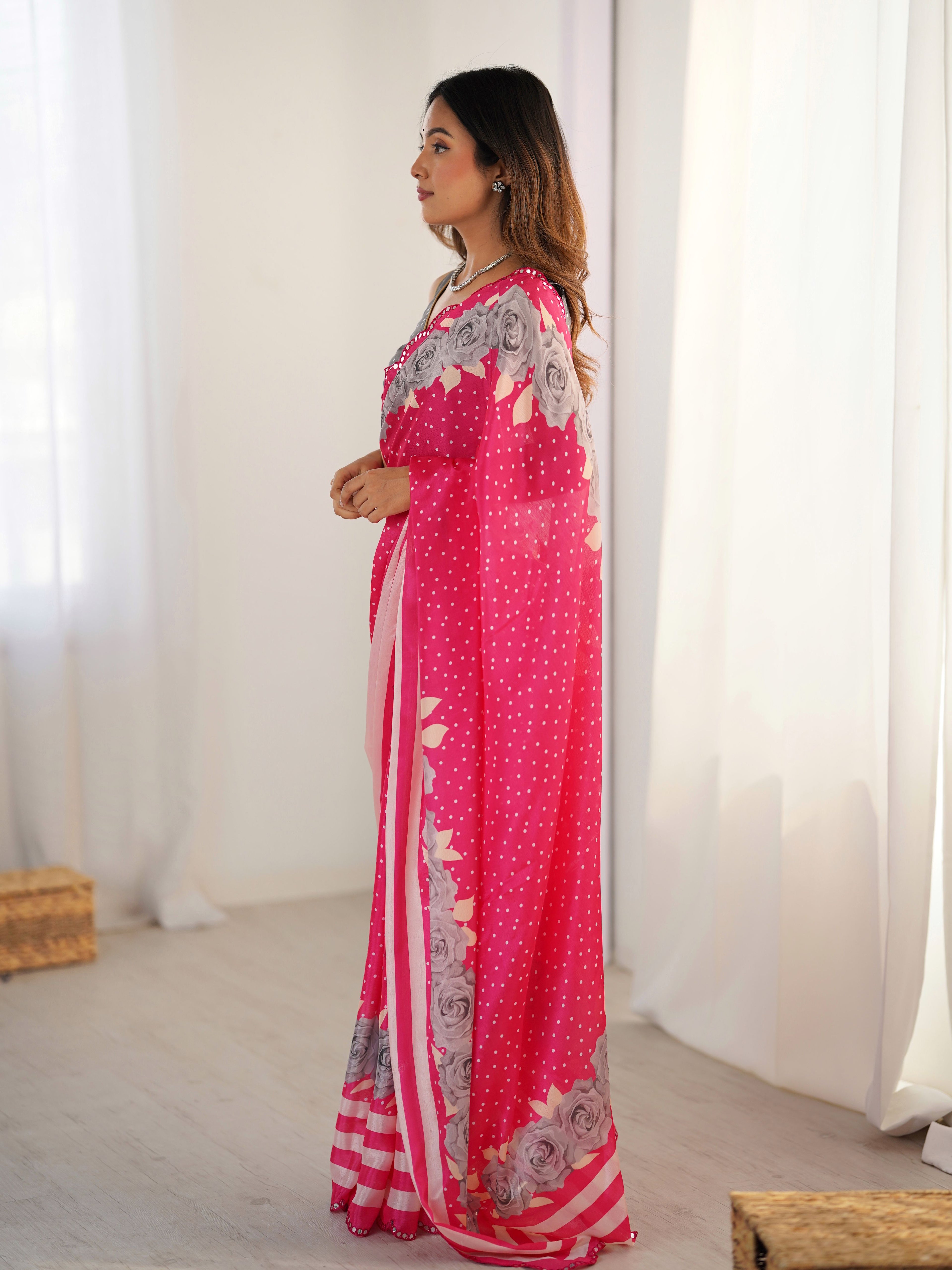 Soft Pink Chinon Digital Print Saree with Grey Blouse | Mirror Cut Work Party Wear