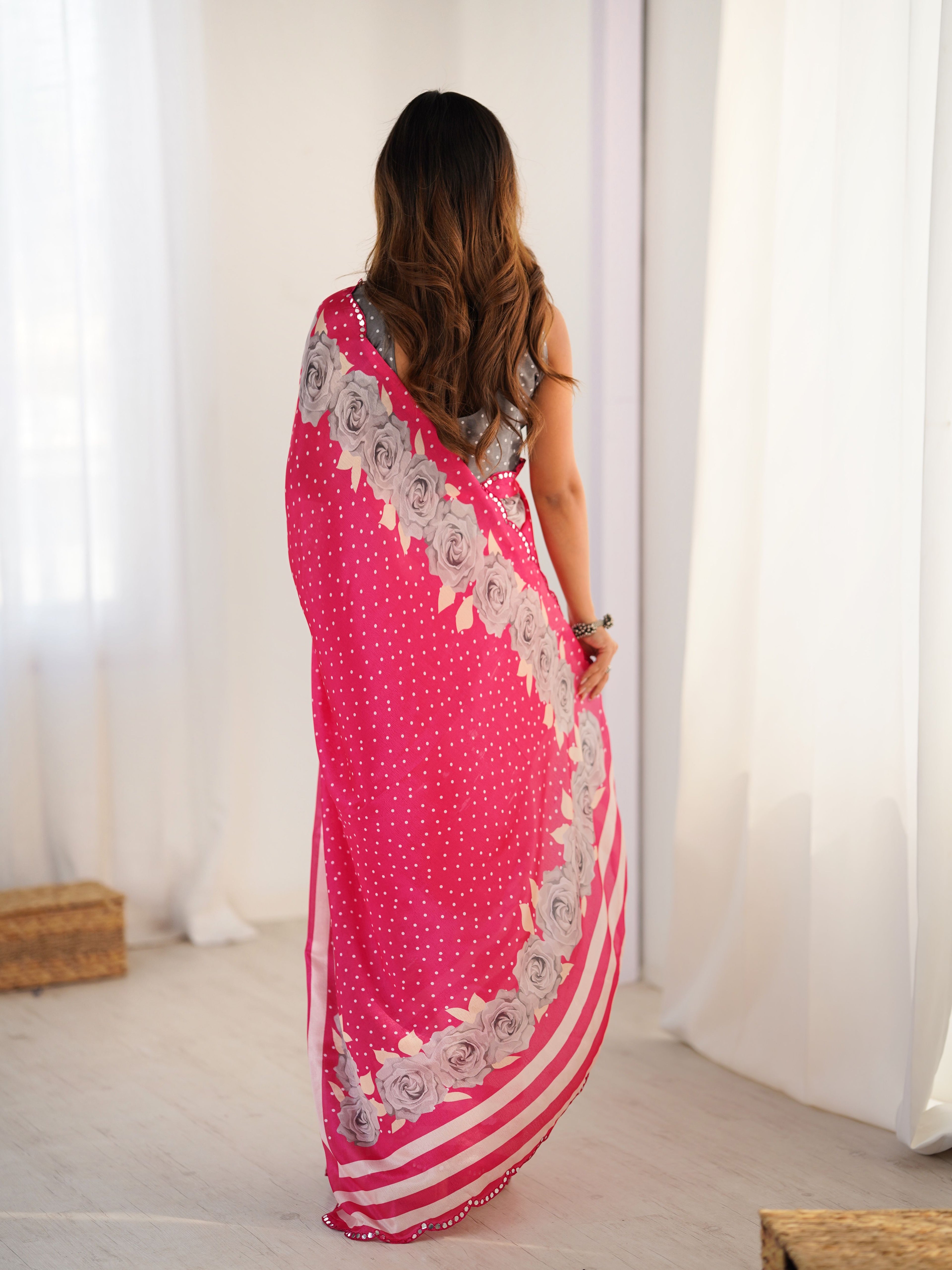 Soft Pink Chinon Digital Print Saree with Grey Blouse | Mirror Cut Work Party Wear