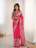 Soft Pink Chinon Digital Print Saree with Grey Blouse | Mirror Cut Work Party Wear