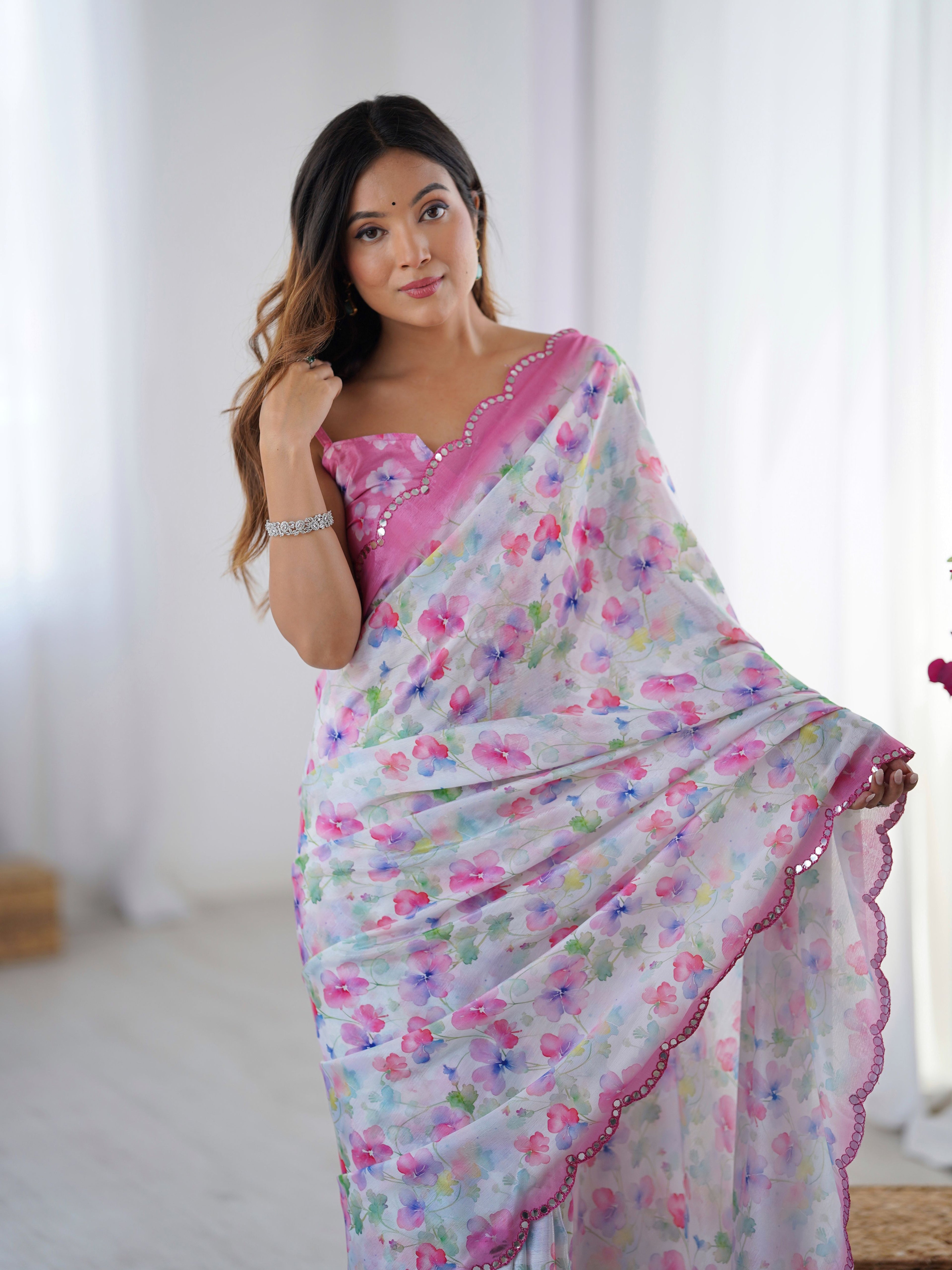 Elegant Off White Chinon Digital Print Saree with Pink Blouse | Mirror Cut Work Party Wea