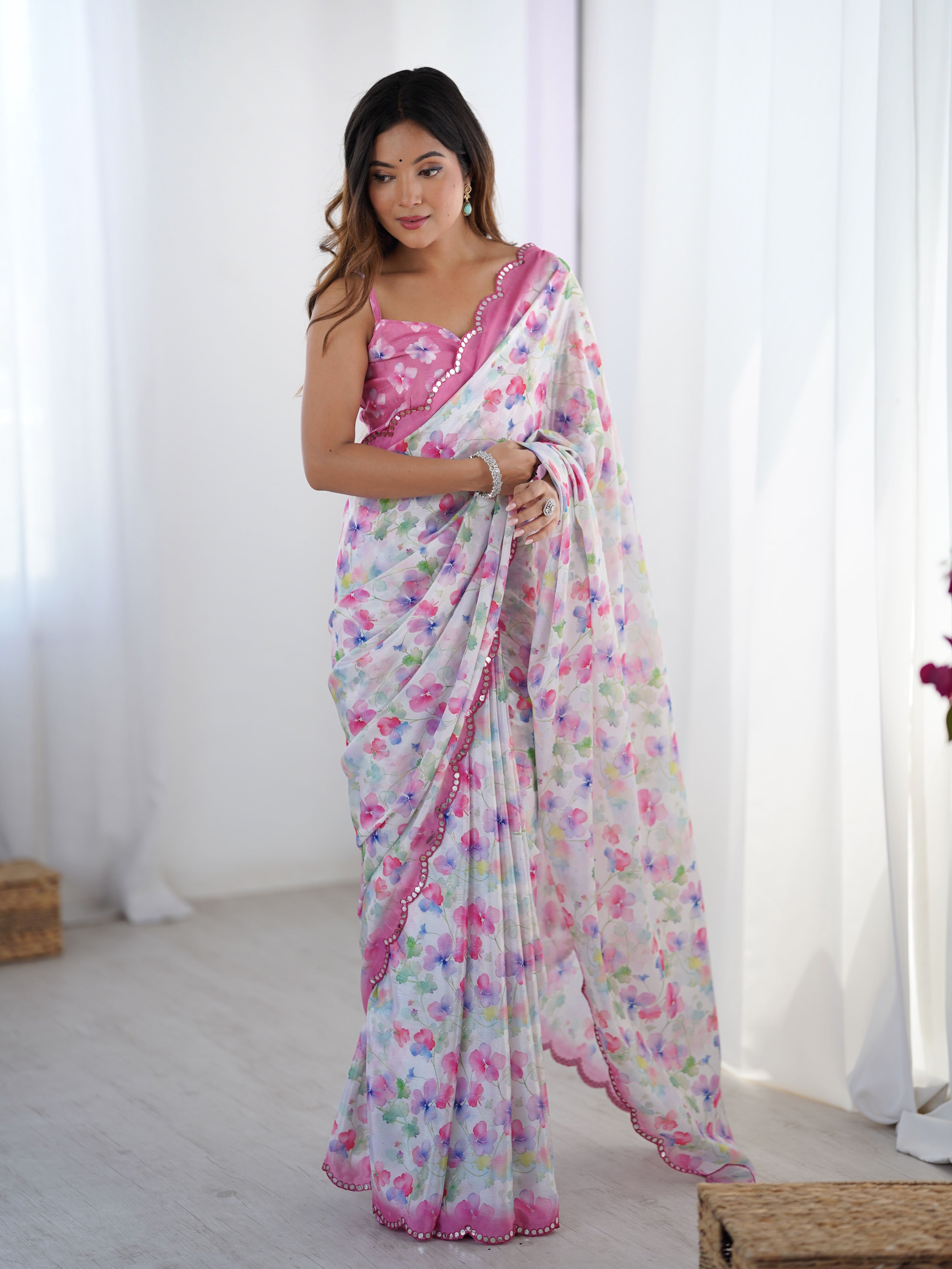 Elegant Off White Chinon Digital Print Saree with Pink Blouse | Mirror Cut Work Party Wea
