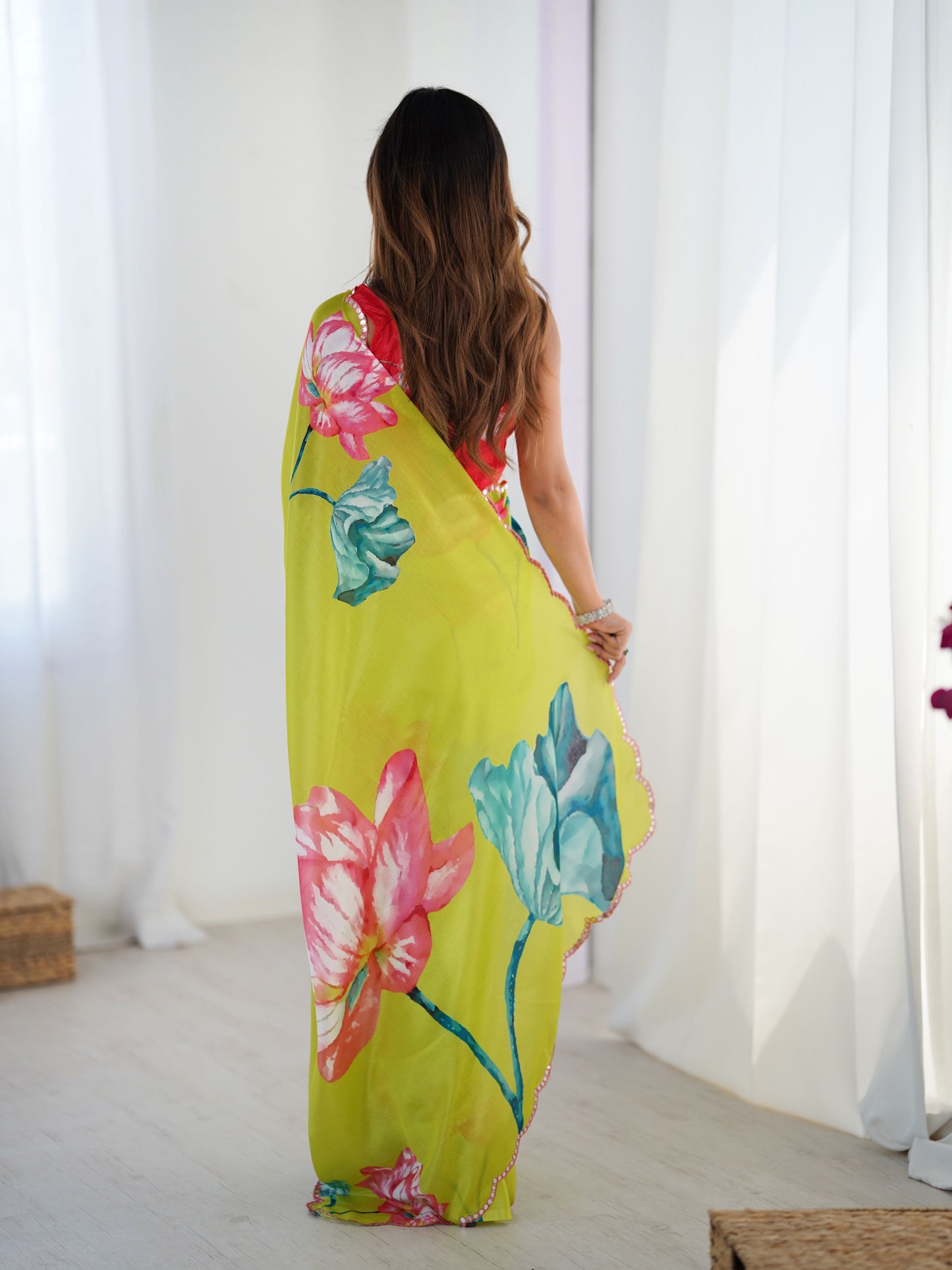 Vibrant Green Chinon Digital Print Saree with Red Blouse | Mirror Cut Work Party Wear