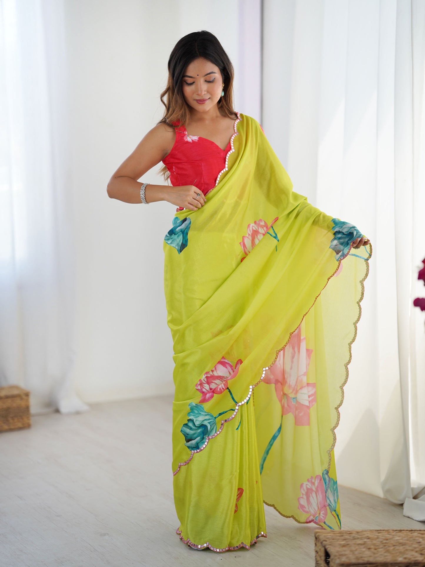 Vibrant Green Chinon Digital Print Saree with Red Blouse | Mirror Cut Work Party Wear