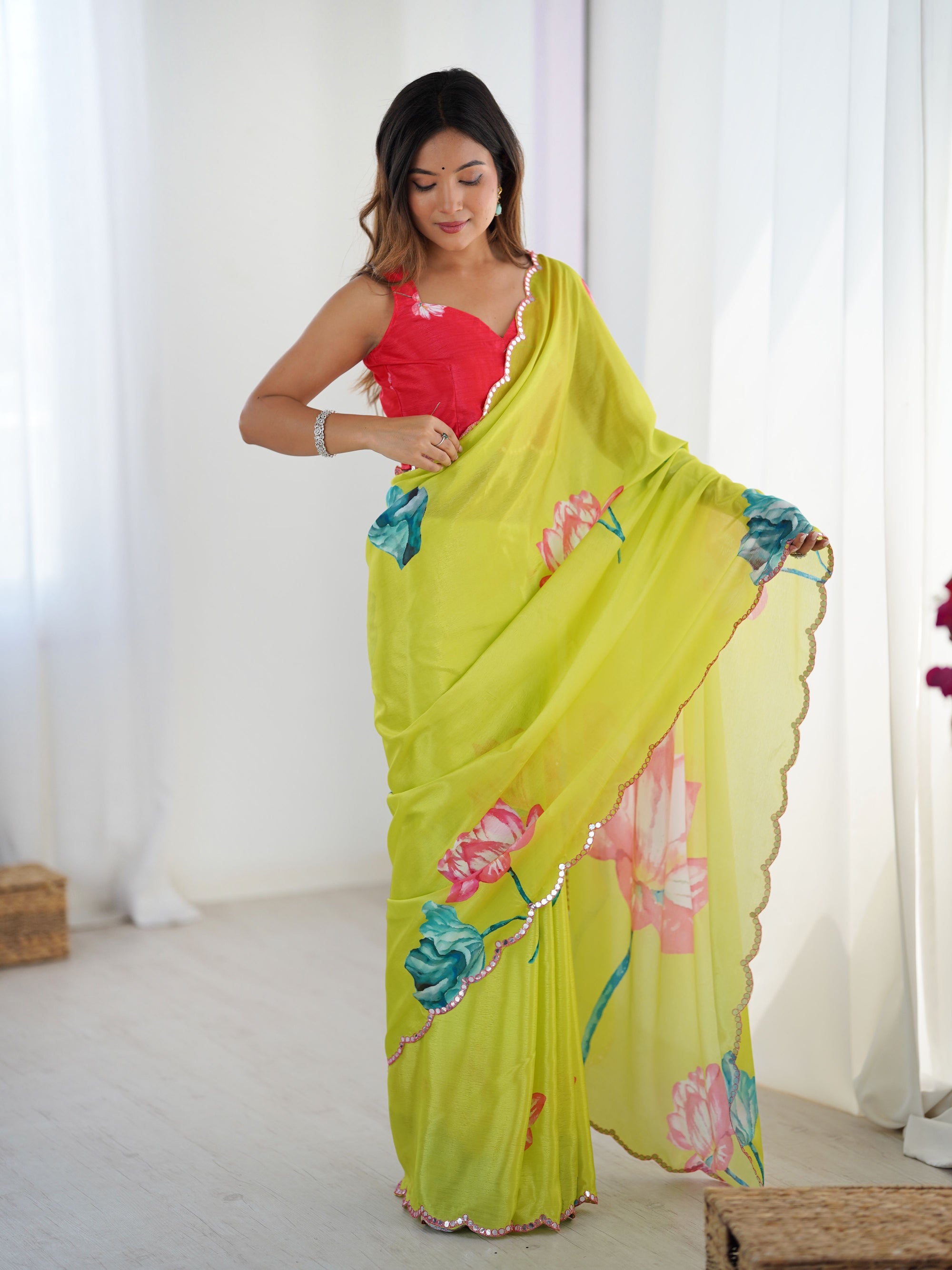 Vibrant Green Chinon Digital Print Saree with Red Blouse | Mirror Cut Work Party Wear