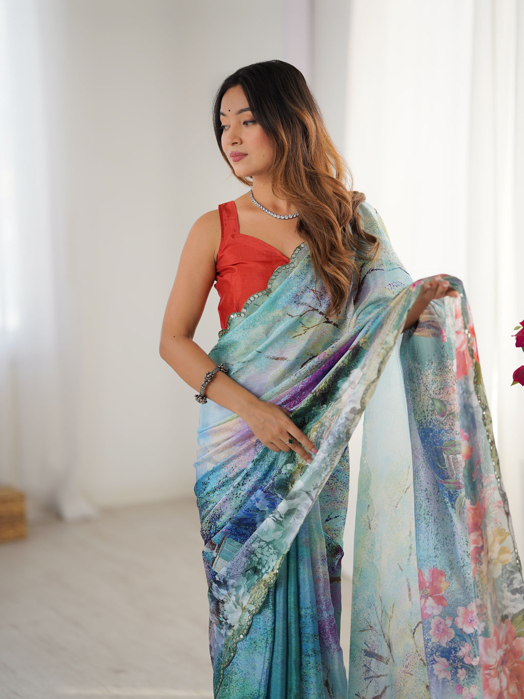Refreshing Sea Green Chinon Digital Print Saree with Brown Blouse | Mirror Cut Work Party Wear