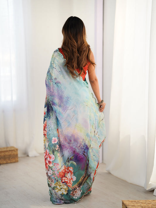 Refreshing Sea Green Chinon Digital Print Saree with Brown Blouse | Mirror Cut Work Party Wear
