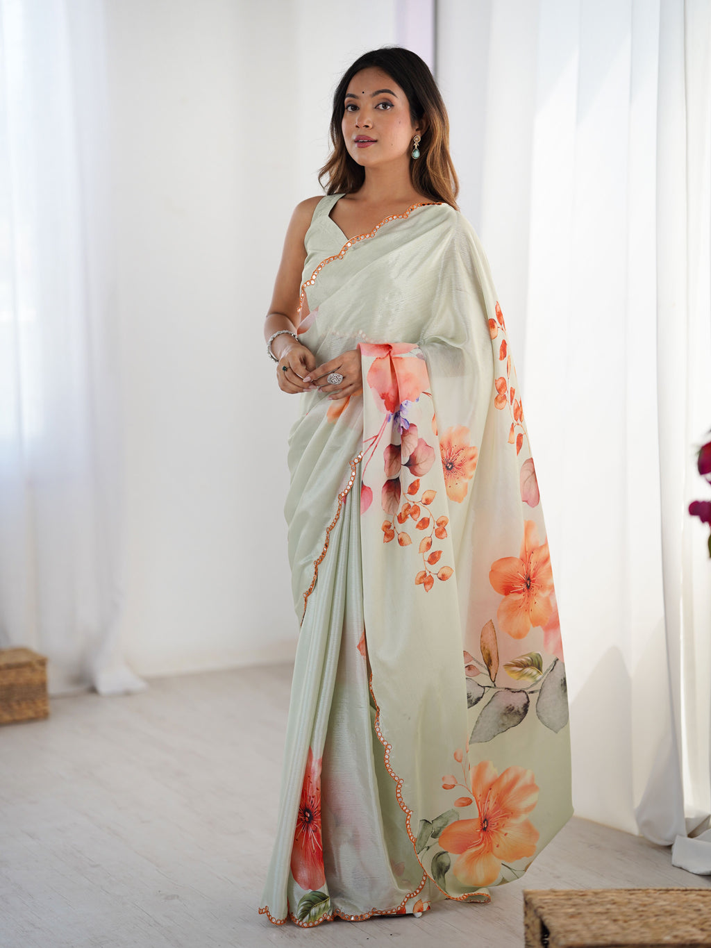 Elegant Grey Chinon Digital Print Saree with Mirror Cut Work | Party Wear Couture