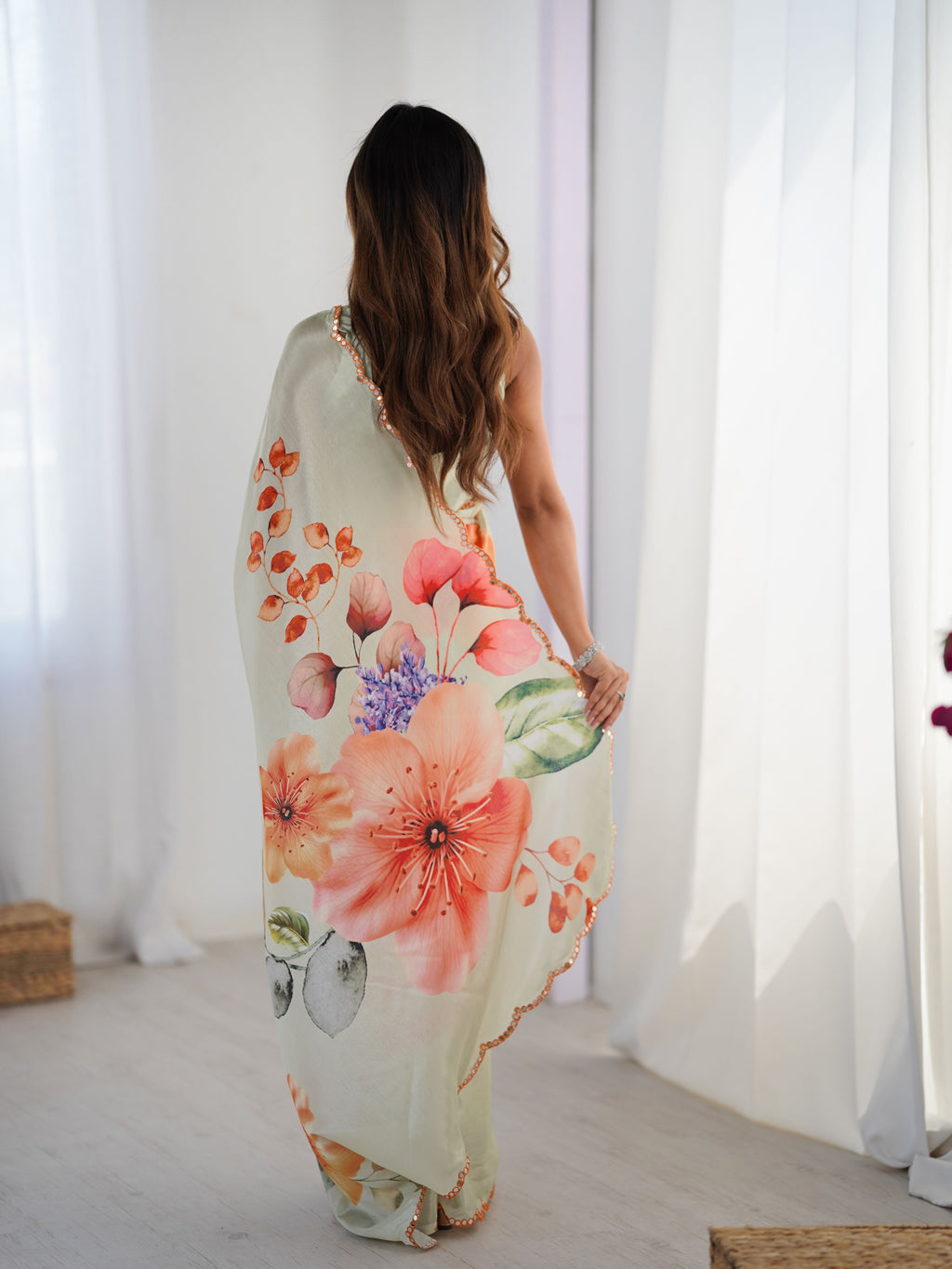 Elegant Grey Chinon Digital Print Saree with Mirror Cut Work | Party Wear Couture