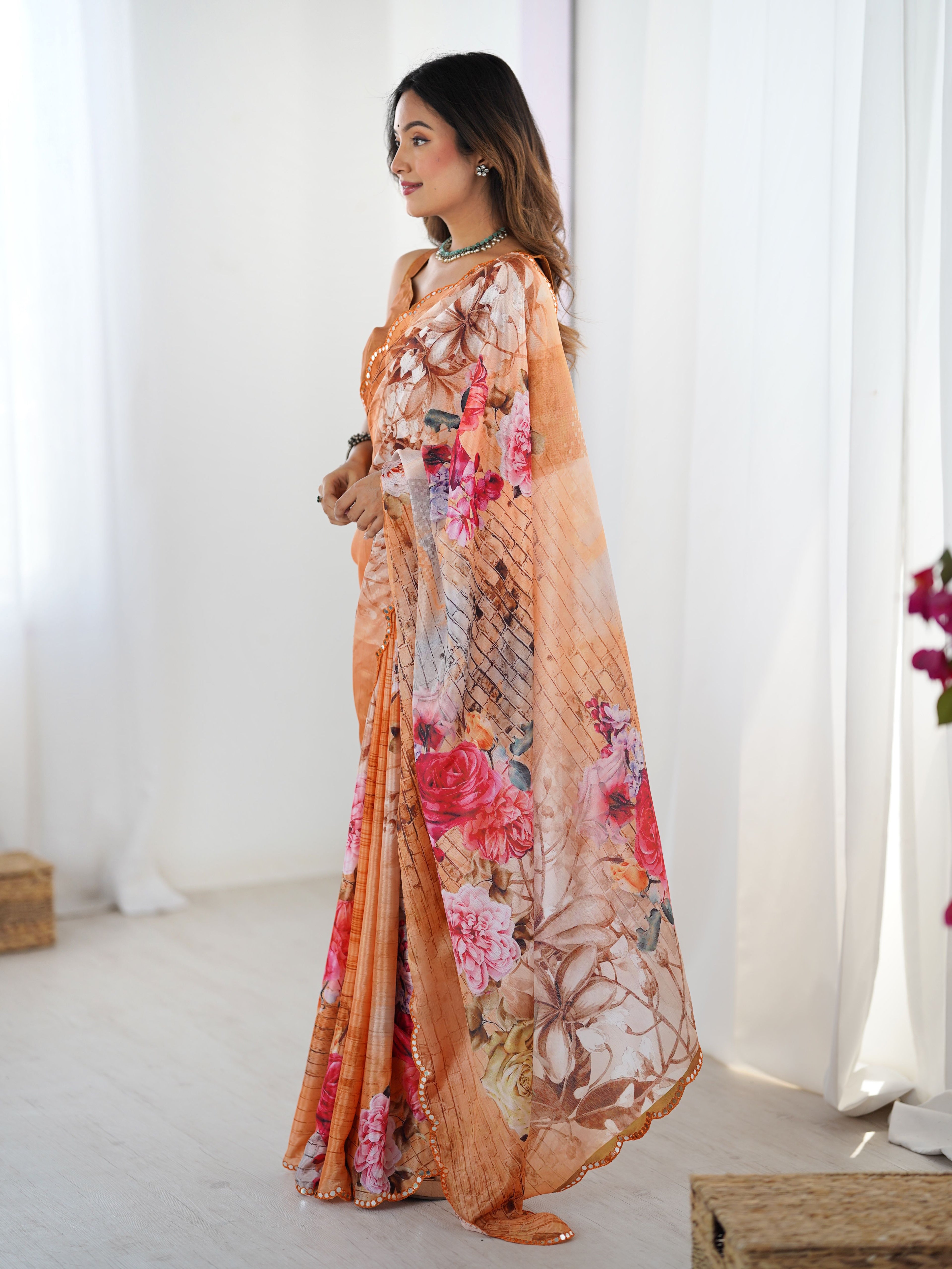 Vibrant Orange Chinon Digital Print Saree with Brown Blouse | Mirror Cut Work Party Wear