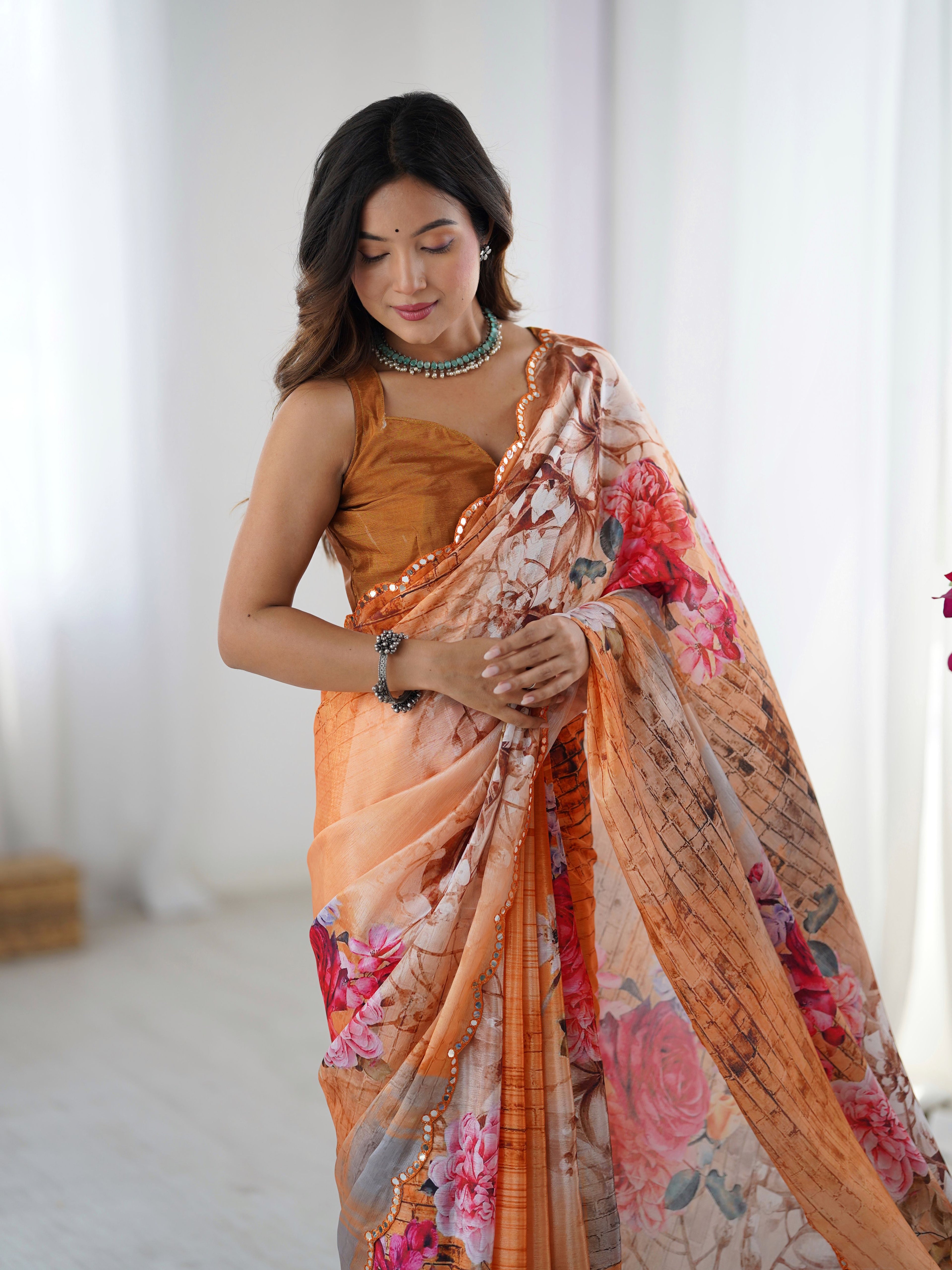 Vibrant Orange Chinon Digital Print Saree with Brown Blouse | Mirror Cut Work Party Wear