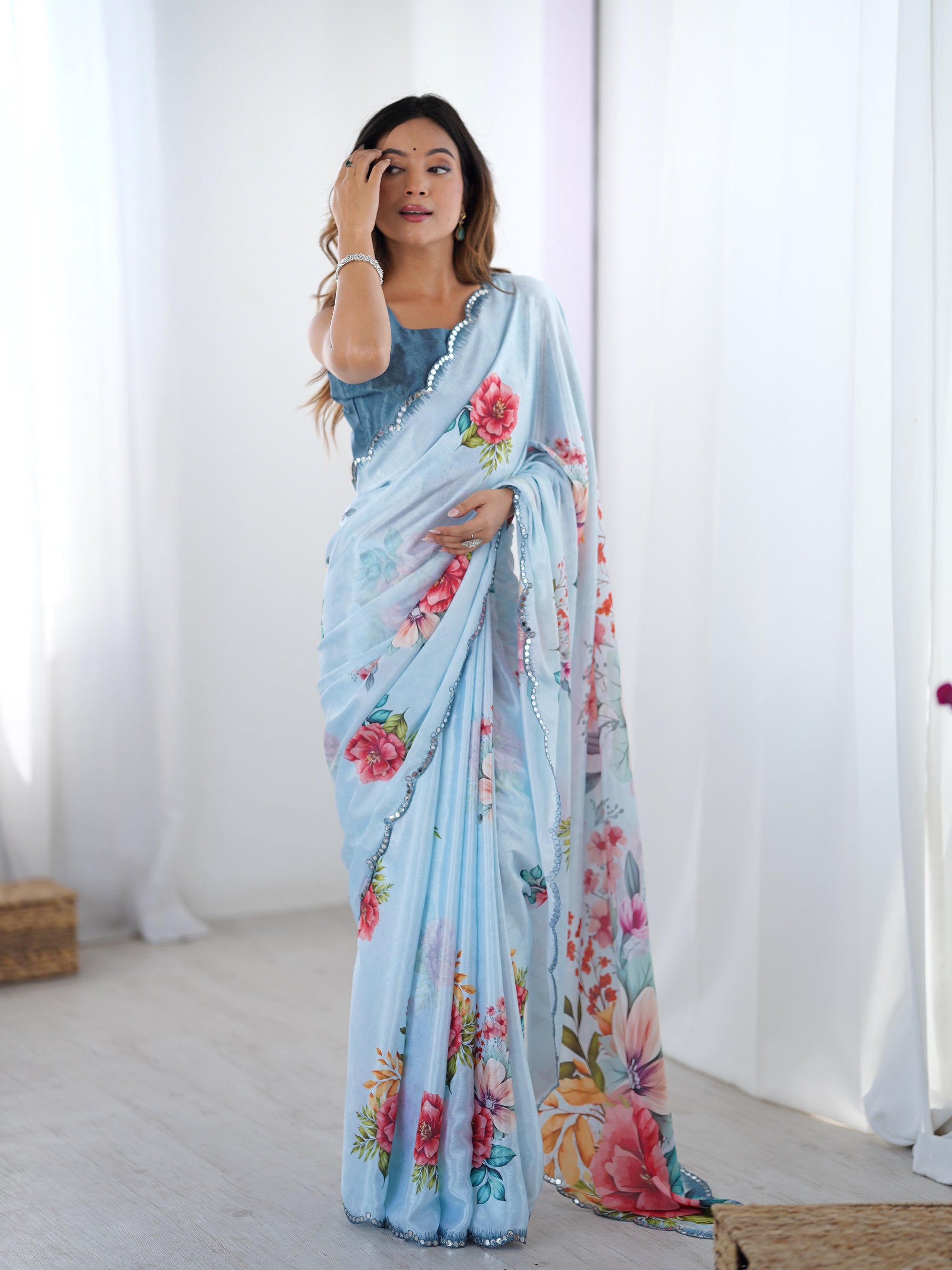 Azure Elegance Chinon Party Wear Saree | Designer Digital Printed with Mirror Cut Work