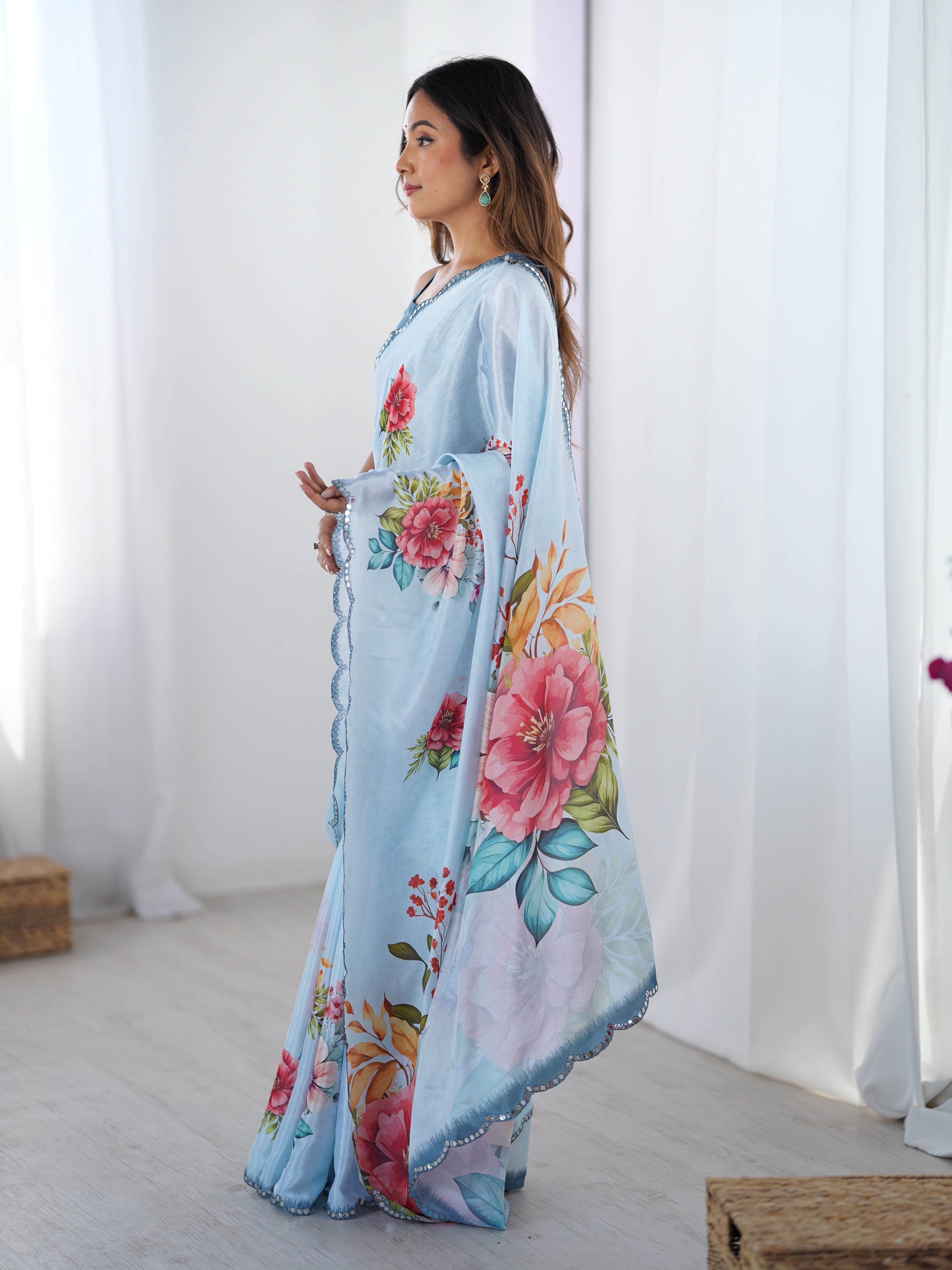 Azure Elegance Chinon Party Wear Saree | Designer Digital Printed with Mirror Cut Work