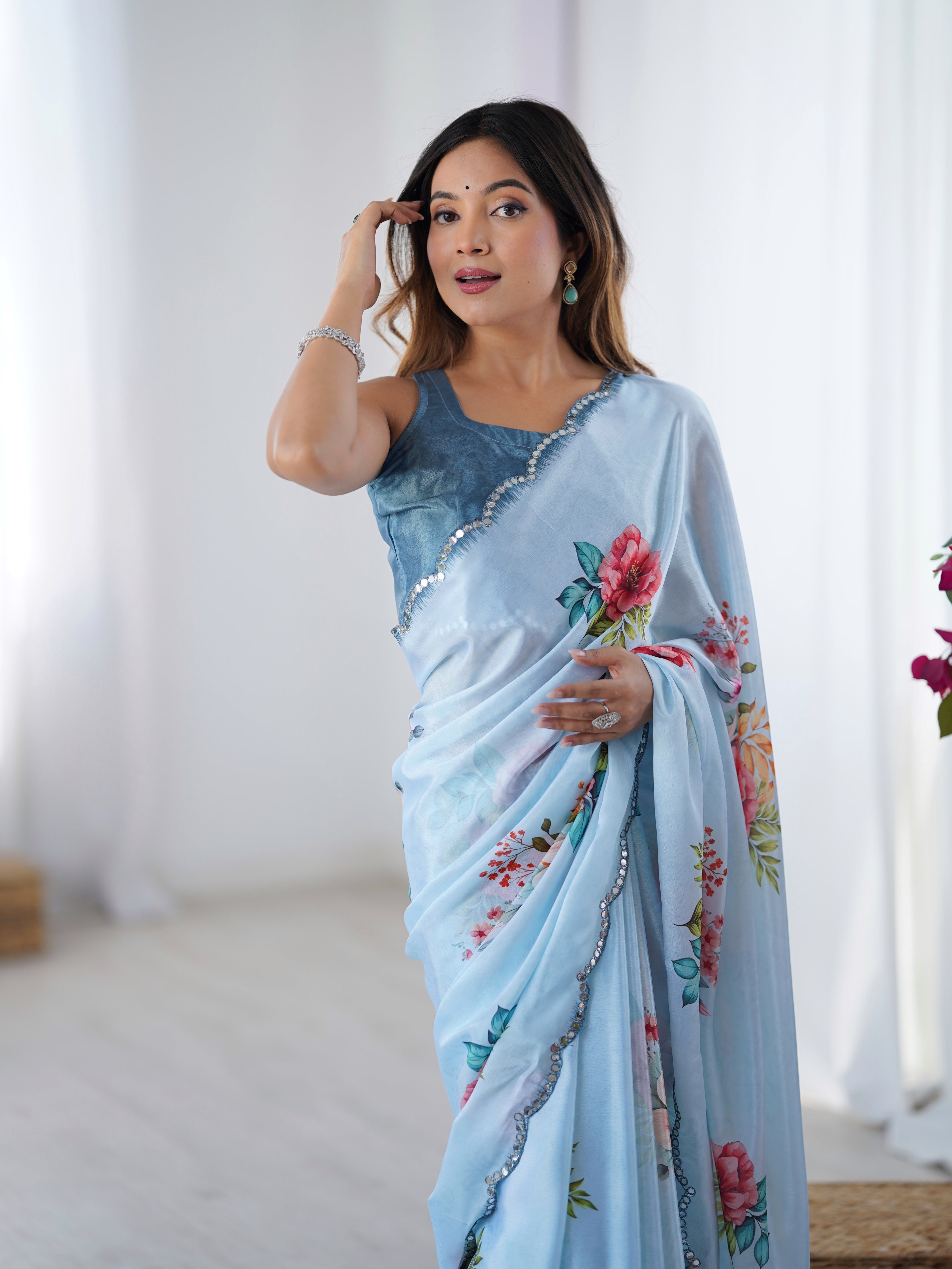 Azure Elegance Chinon Party Wear Saree | Designer Digital Printed with Mirror Cut Work