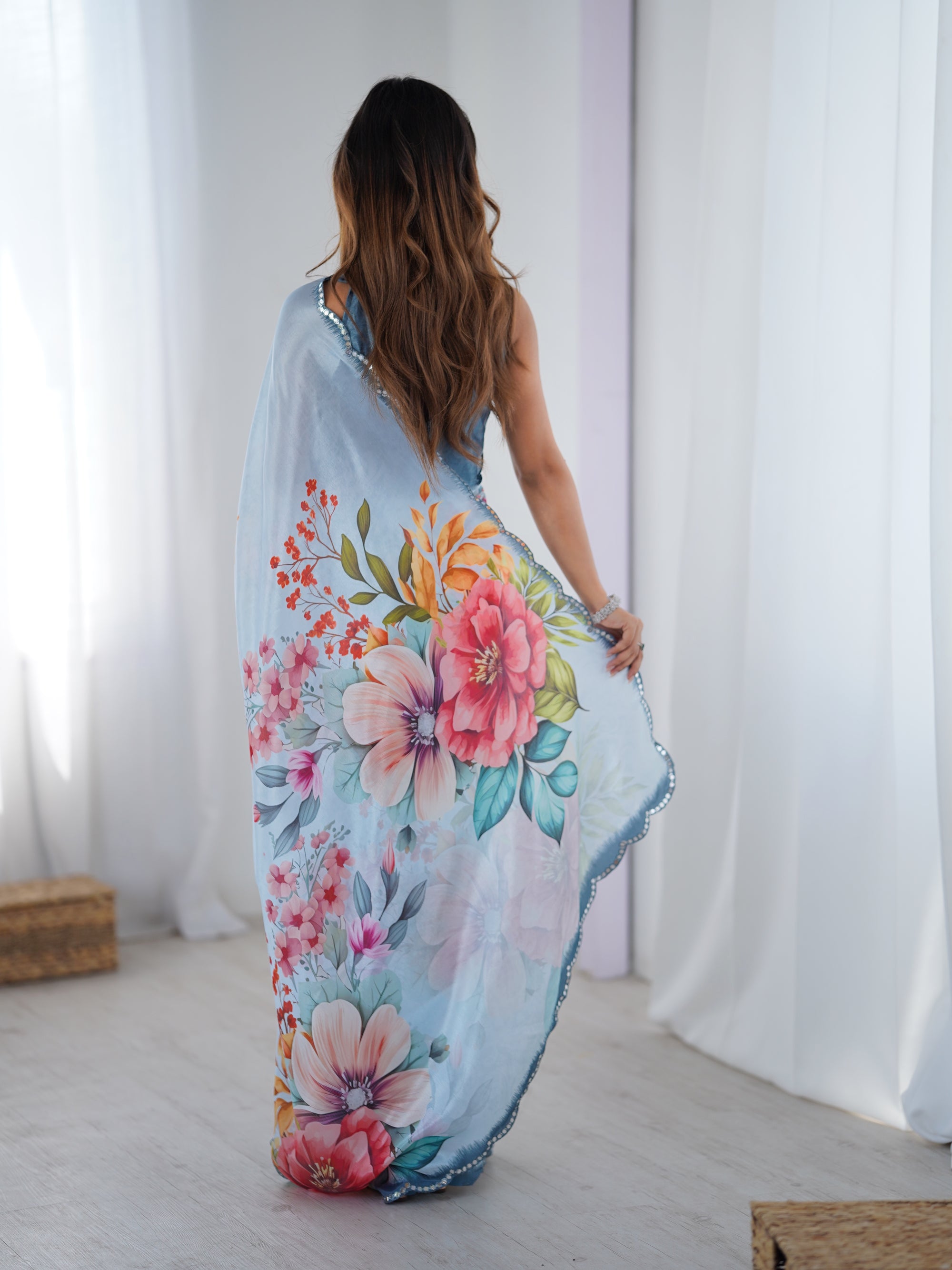 Azure Elegance Chinon Party Wear Saree | Designer Digital Printed with Mirror Cut Work