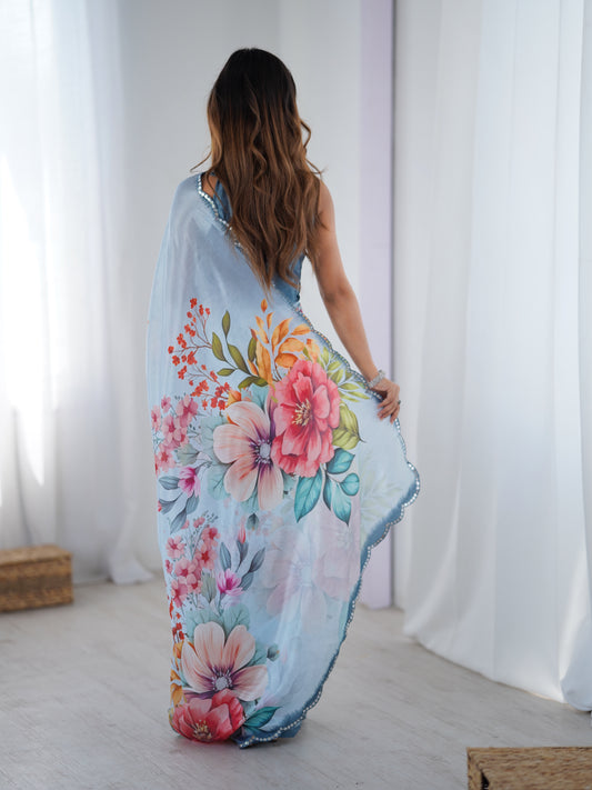 Azure Elegance Chinon Party Wear Saree | Designer Digital Printed with Mirror Cut Work