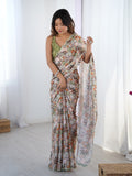 Ivory Meadow Chinon Party Wear Saree | Designer Digital Printed with Mirror Cut Work