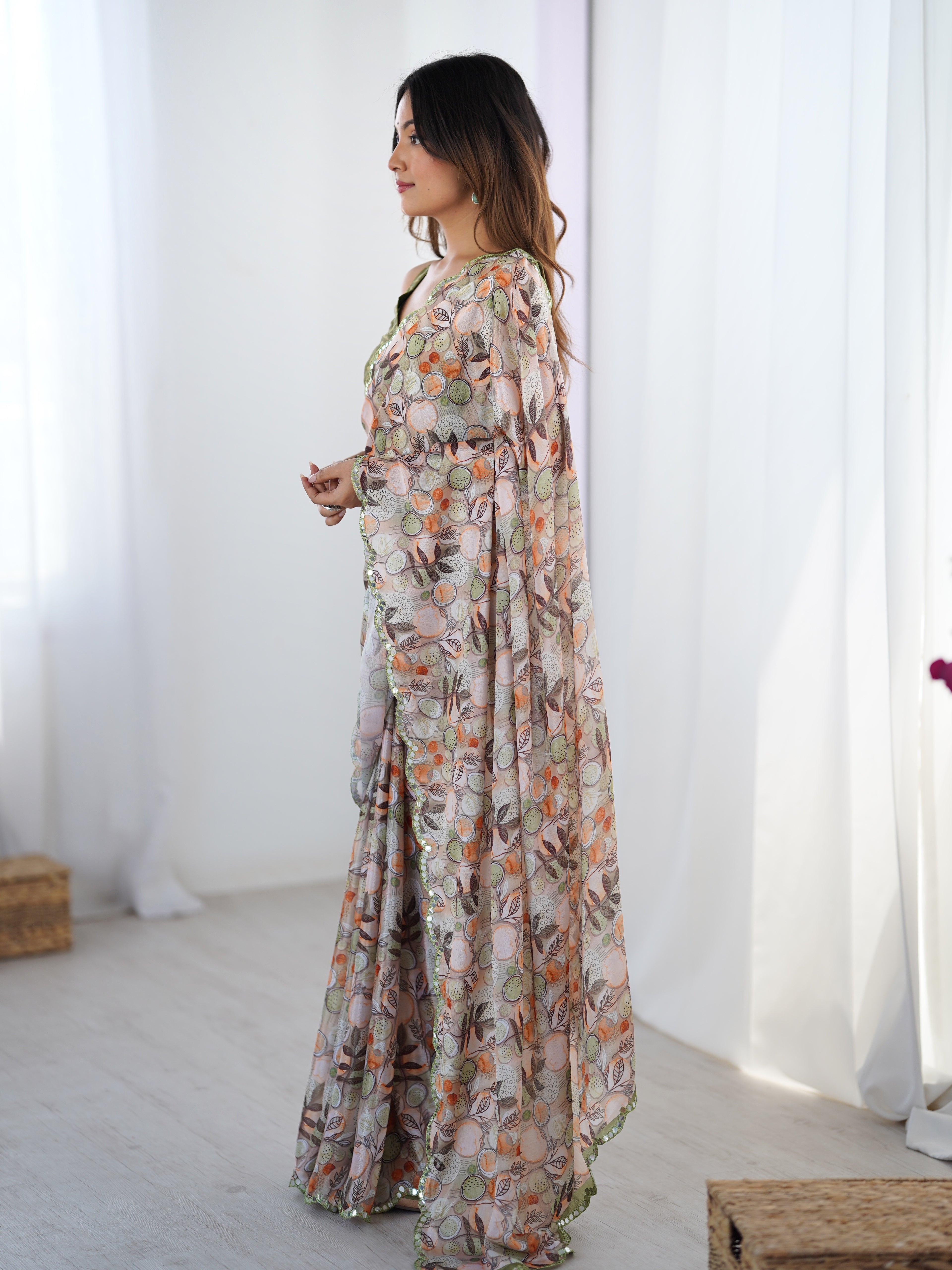 Ivory Meadow Chinon Party Wear Saree | Designer Digital Printed with Mirror Cut Work