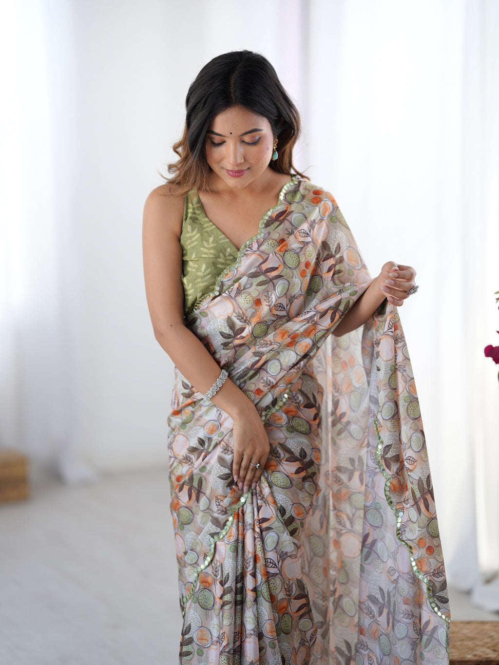 Ivory Meadow Chinon Party Wear Saree | Designer Digital Printed with Mirror Cut Work